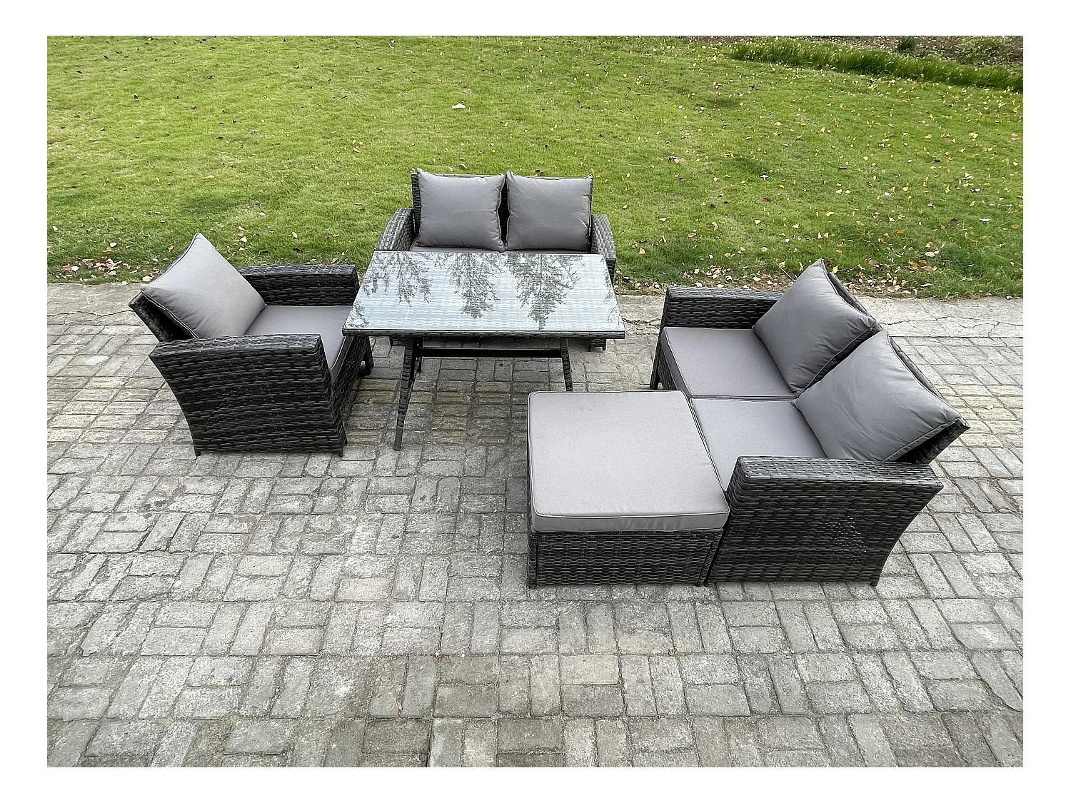 6-Sitzer Polyrattan Garten Esstisch Set Gartenmöbel Sofa mit Rechteckiger Esstisch Doppelsitz Sofa 2 Großer Hockern Dunkelgrau Gemischt