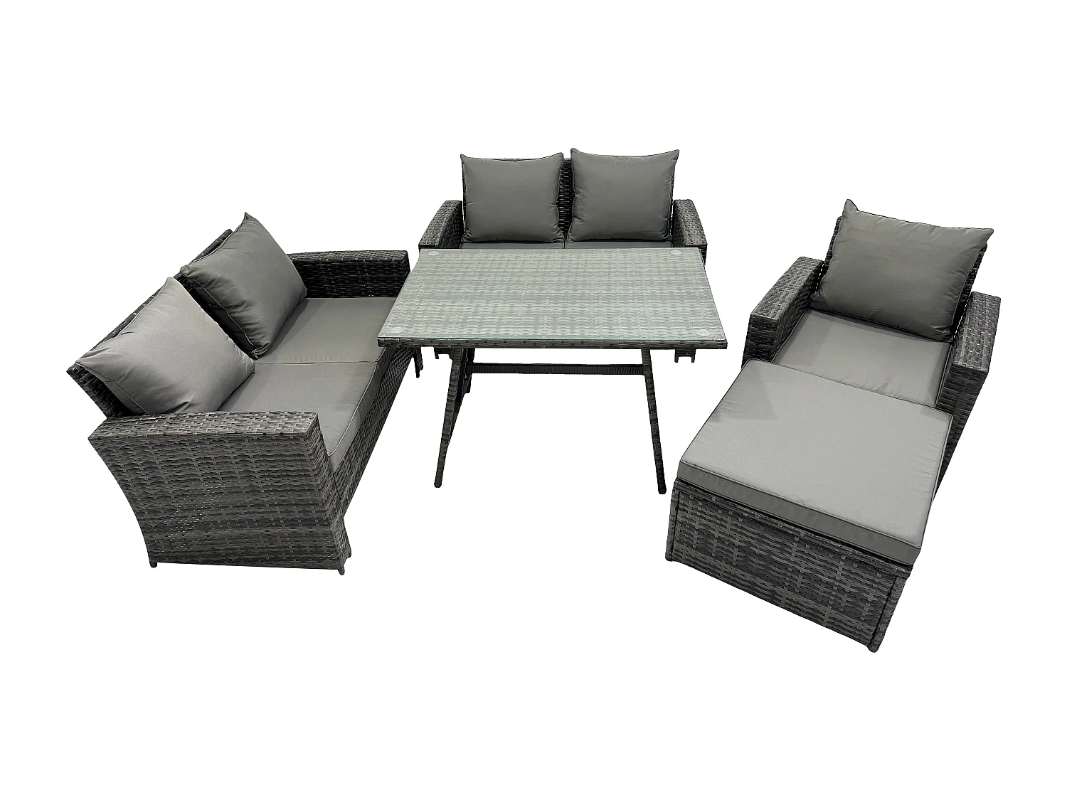 6 places Ensemble de canapé en rotin extérieur avec Table à manger rectangulaire Canapé à deux places Grand tabouret Gris foncé mixte