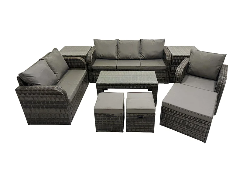 Dossier haut Salon de jardin avec Canapé d'amour Table basse rectangulaire 2 Tables d'appoint 3 Tabourets Ensemble de canapés en rotin Gris foncé mixte