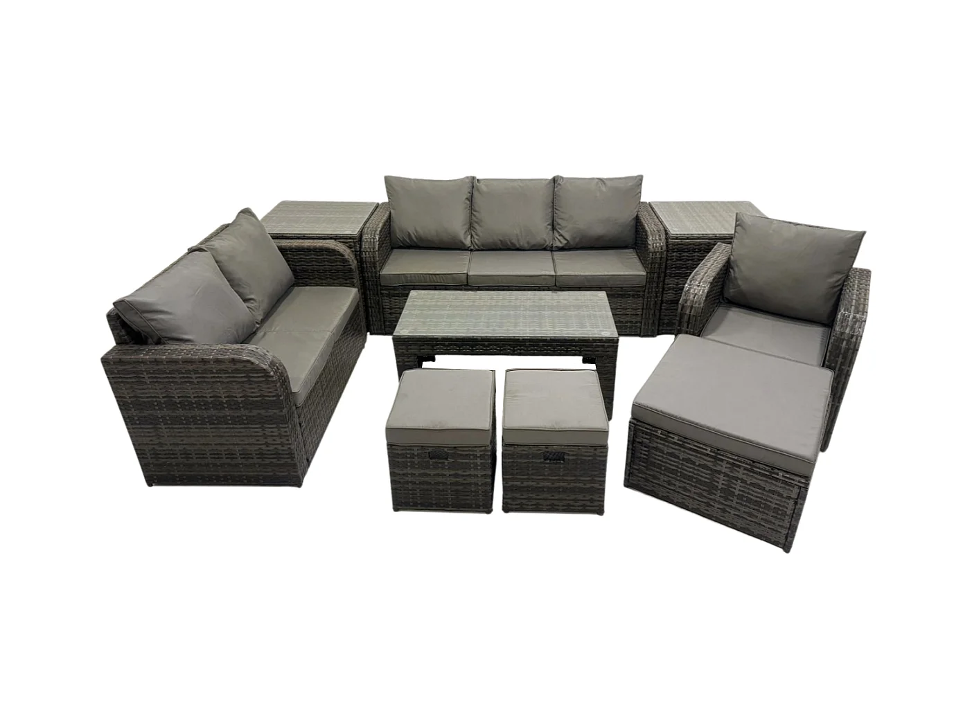 Dossier haut Salon de jardin avec Canapé d'amour Table basse rectangulaire 2 Tables d'appoint 3 Tabourets Ensemble de canapés en rotin Gris foncé mixte