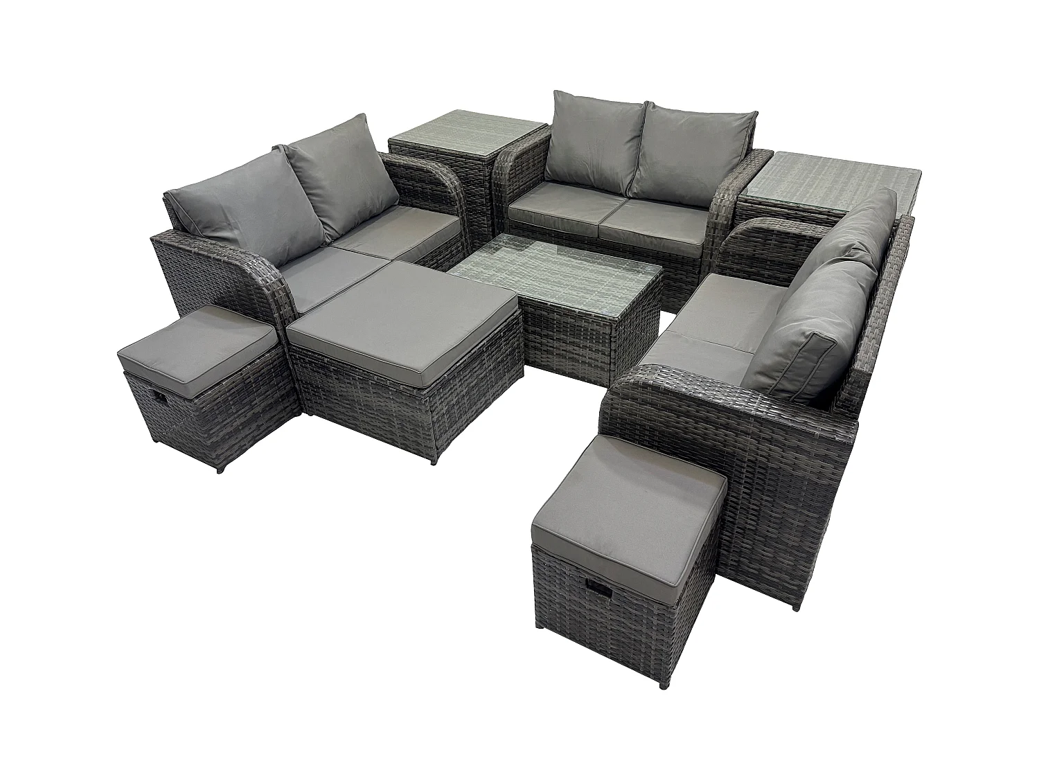 Polyrattan Gartenmöbel Set Garten Sofa im Freien Set mit Love Sofa Couchtisch 2 Beistelltischen 3 Hockern Dunkelgrau Gemischt