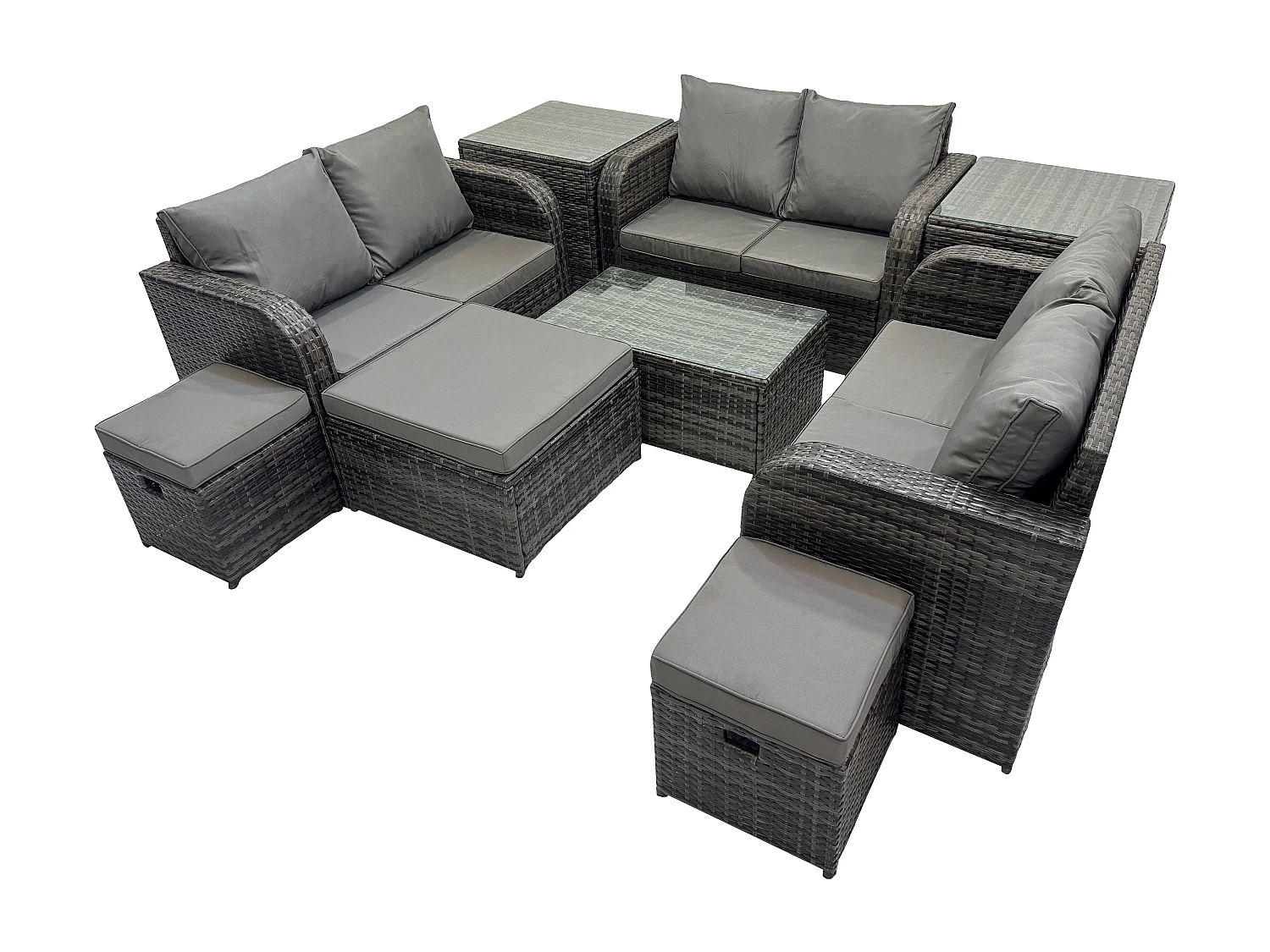 Polyrattan Gartenmöbel Set Garten Sofa im Freien Set mit Love Sofa Couchtisch 2 Beistelltischen 3 Hockern Dunkelgrau Gemischt