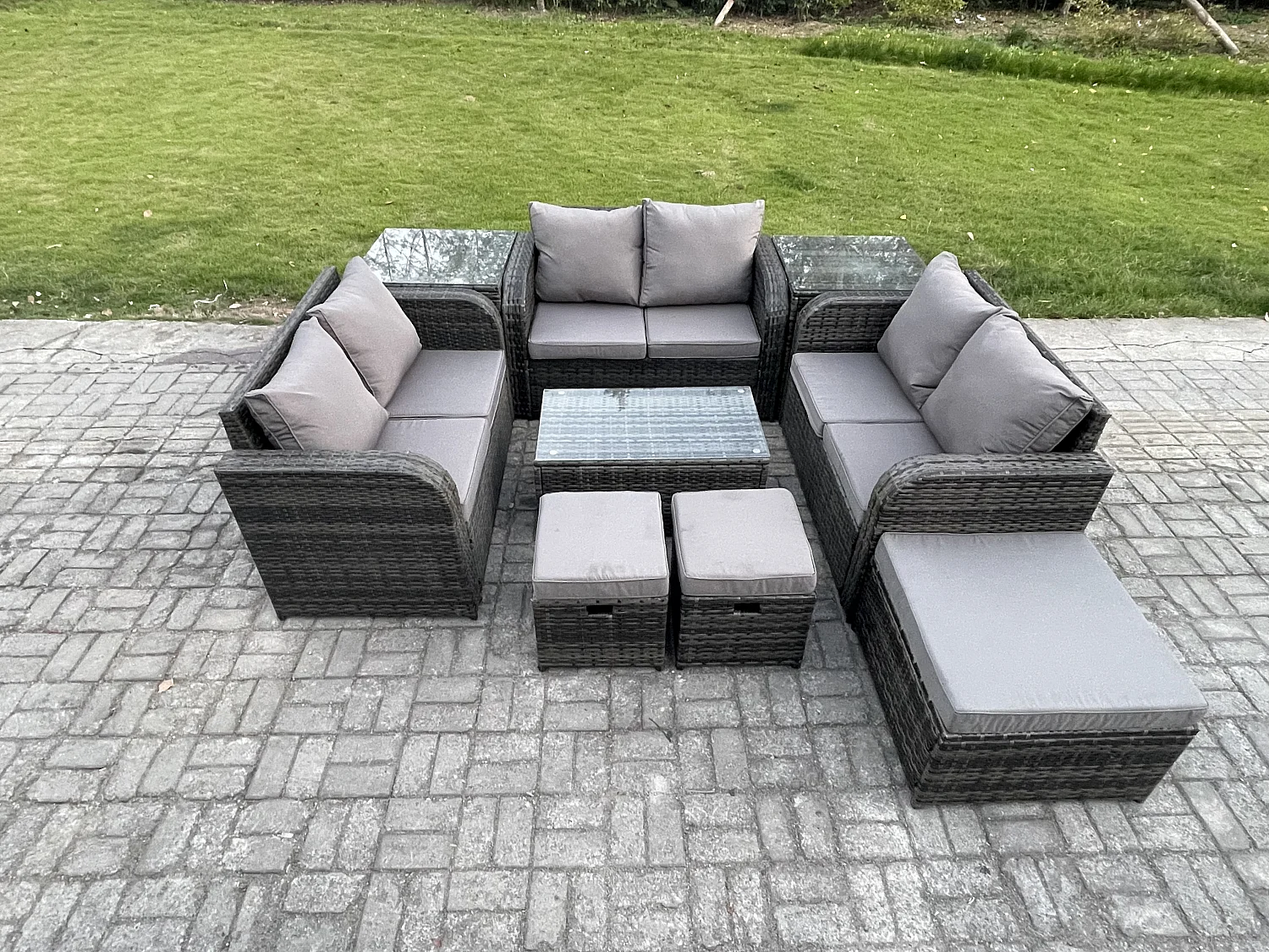 Polyrattan Gartenmöbel Set Garten Sofa im Freien Set mit Love Sofa Couchtisch 2 Beistelltischen 3 Hockern Dunkelgrau Gemischt