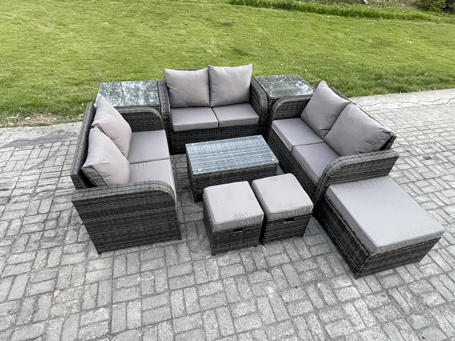 Polyrattan Gartenmöbel Set Garten Sofa im Freien Set mit Love Sofa Couchtisch 2 Beistelltischen 3 Hockern Dunkelgrau Gemischt