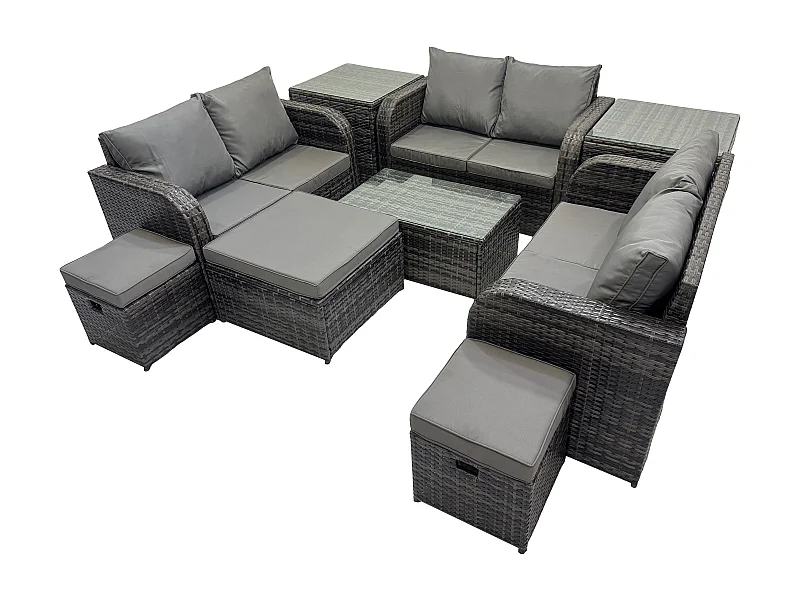 Polyrattan Gartenmöbel Set Garten Sofa im Freien Set mit Love Sofa Couchtisch 2 Beistelltischen 3 Hockern Dunkelgrau Gemischt