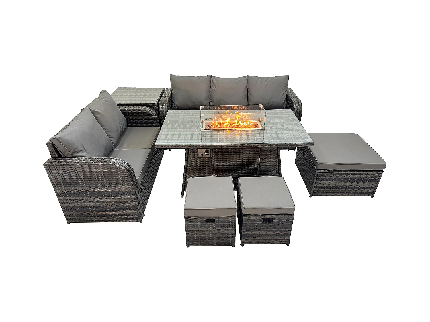 Polyrattan Gartenmöbel Set Garten Sofa im Freien Gasfeuerstelle Esstisch Set mit Beistelltisch 3 Hockern Dunkelgrau Gemischt