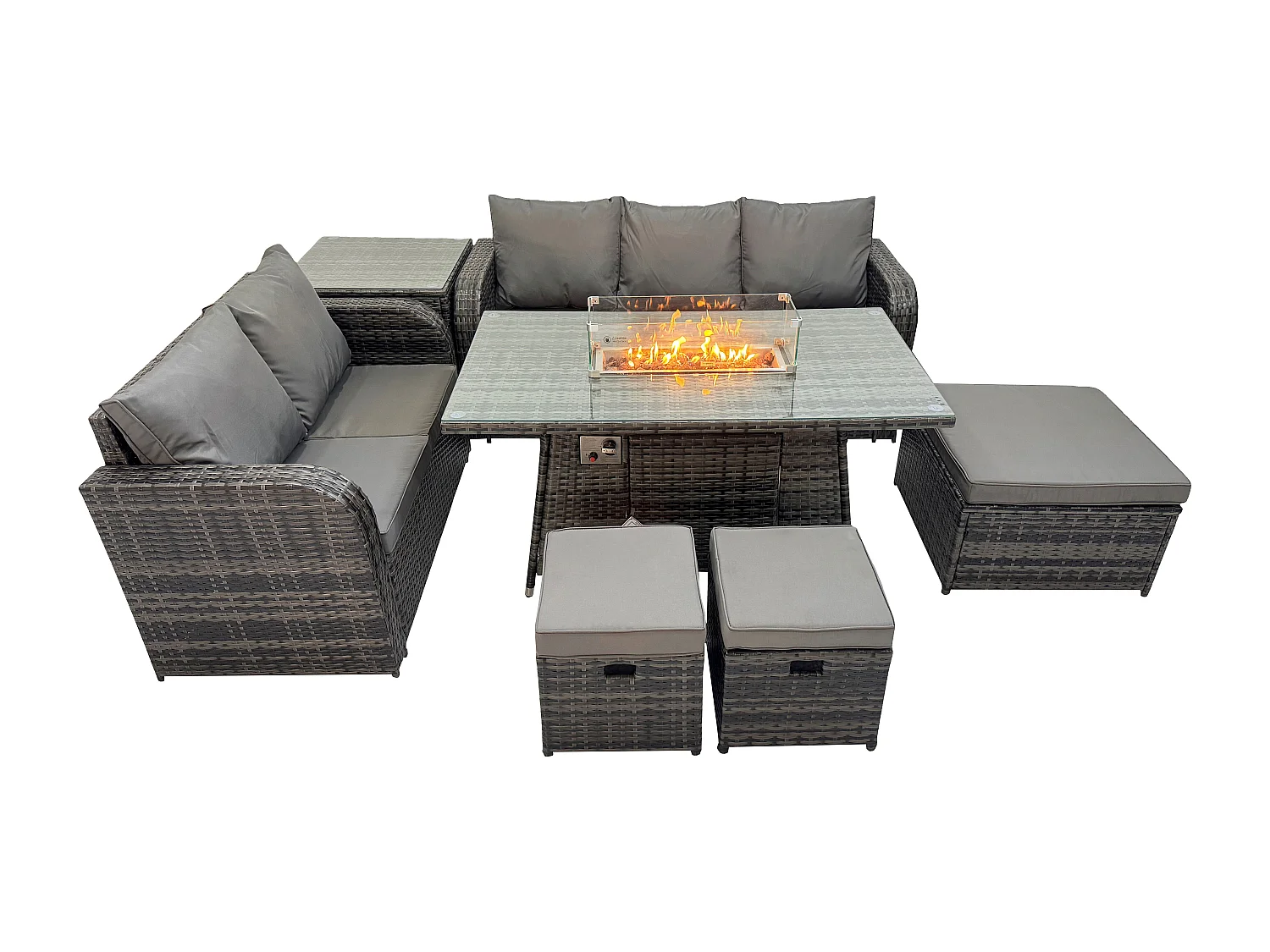 Polyrattan Gartenmöbel Set Garten Sofa im Freien Gasfeuerstelle Esstisch Set mit Beistelltisch 3 Hockern Dunkelgrau Gemischt