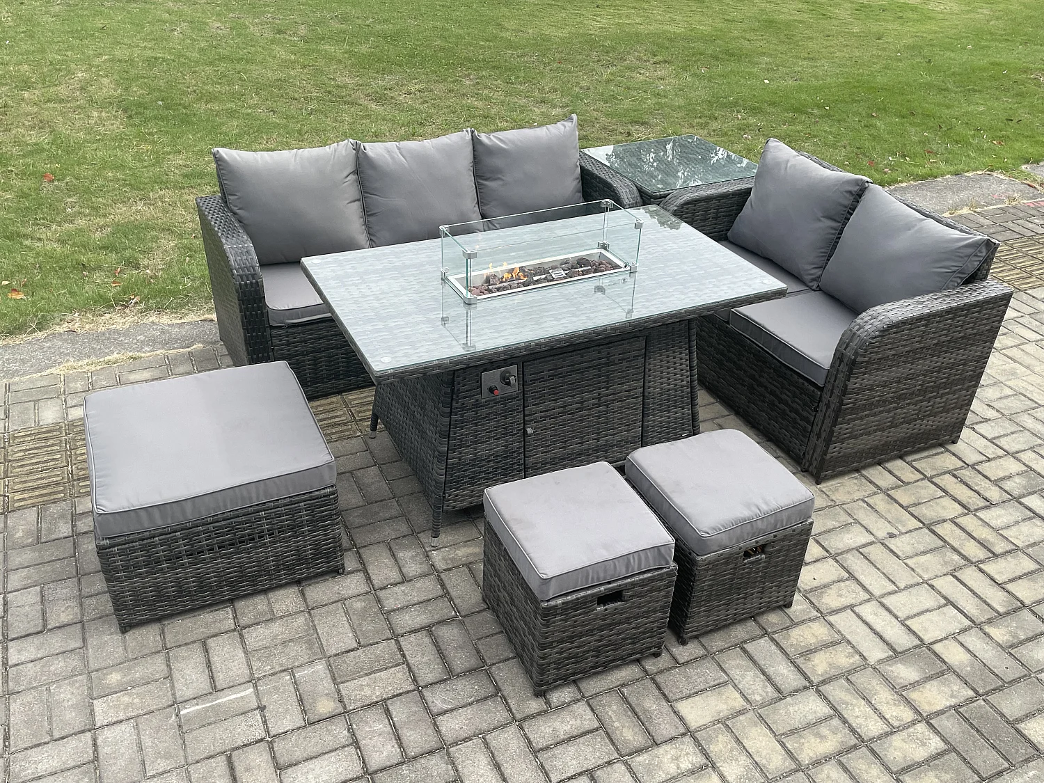 Polyrattan Gartenmöbel Set Garten Sofa im Freien Gasfeuerstelle Esstisch Set mit Beistelltisch 3 Hockern Dunkelgrau Gemischt