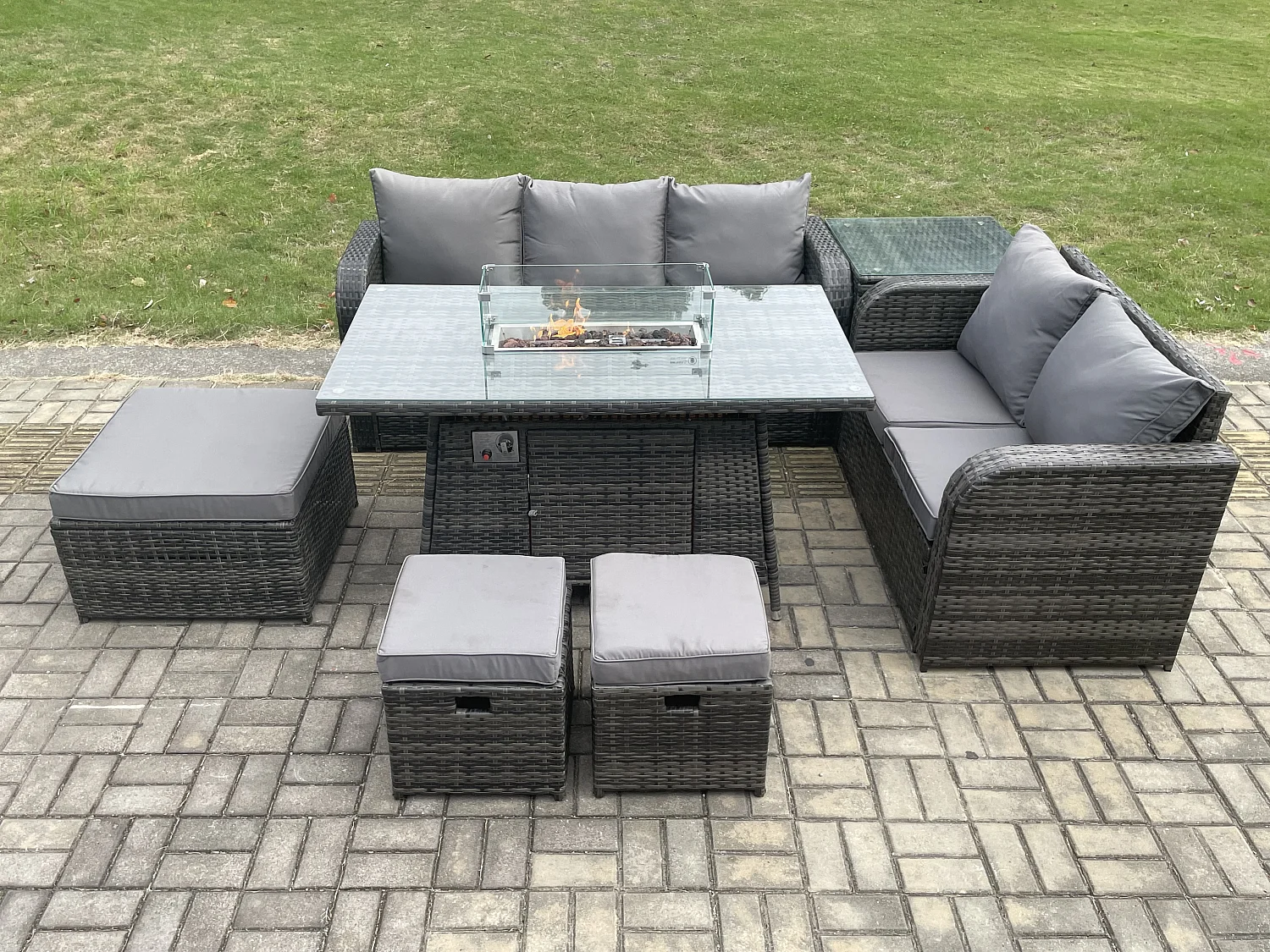 Polyrattan Gartenmöbel Set Garten Sofa im Freien Gasfeuerstelle Esstisch Set mit Beistelltisch 3 Hockern Dunkelgrau Gemischt