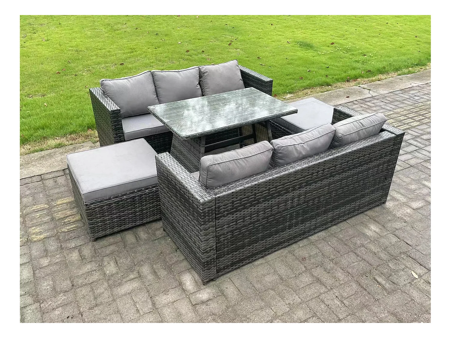 Mobilier d'extérieur en rotin 7 places Canapé Salle à manger de jardin avec table à manger oblongue Grand tabouret Gris foncé Mixte