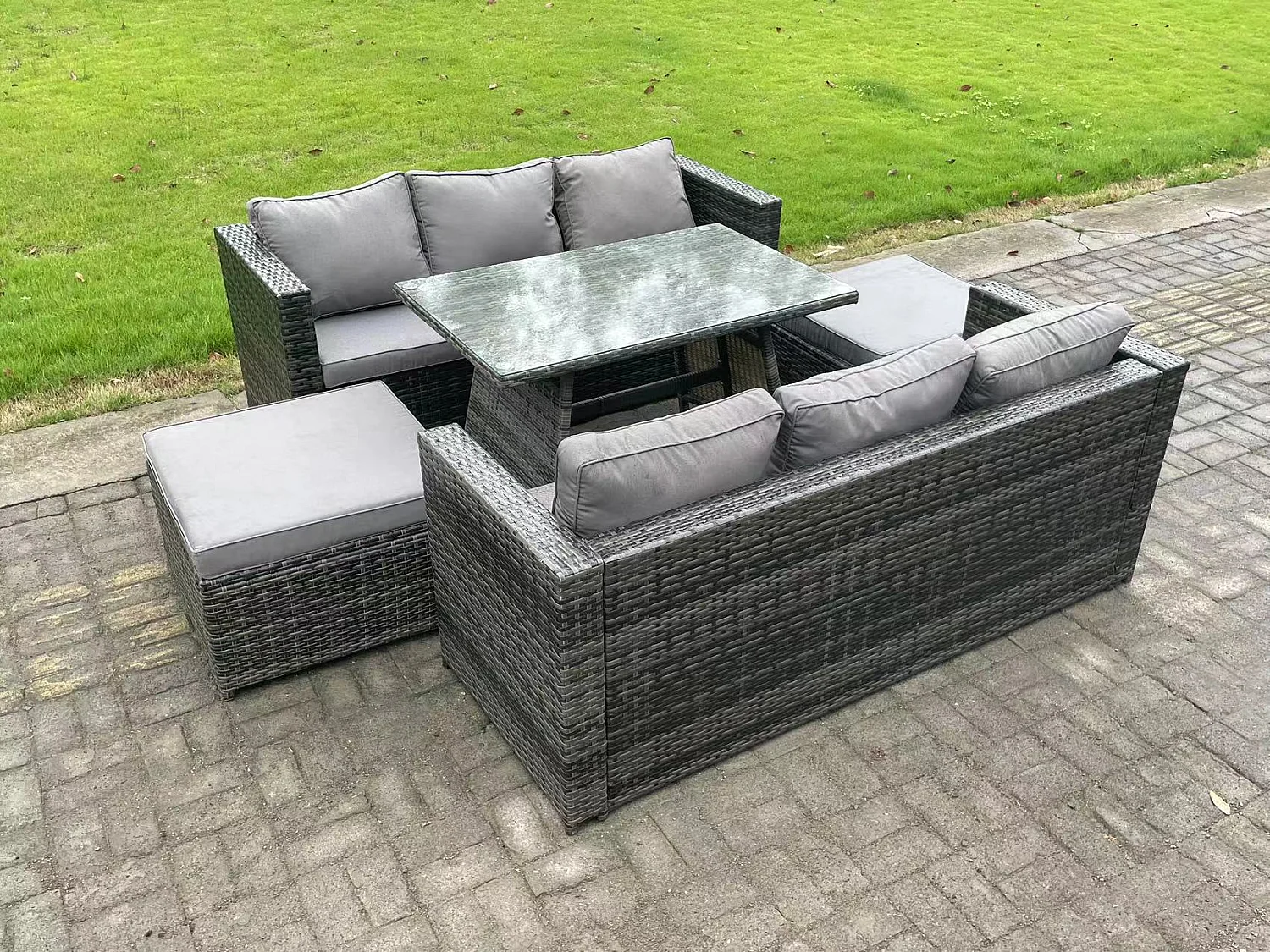 Mobilier d'extérieur en rotin 7 places Canapé Salle à manger de jardin avec table à manger oblongue Grand tabouret Gris foncé Mixte