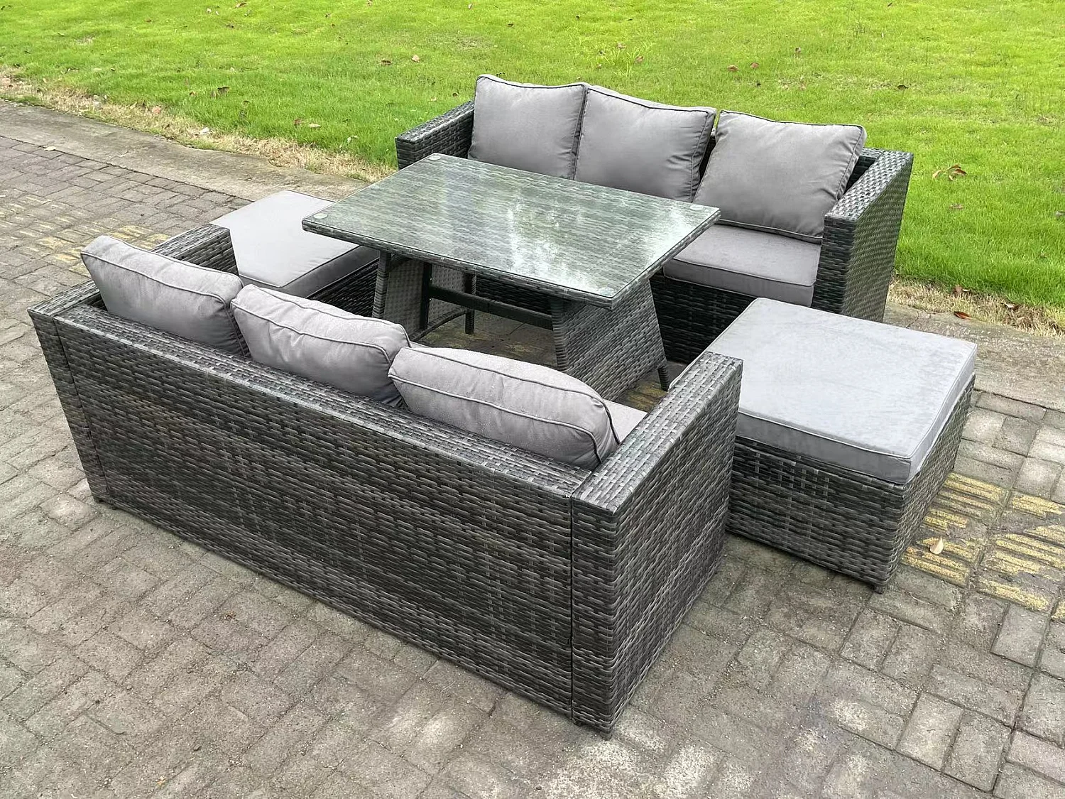 Mobilier d'extérieur en rotin 7 places Canapé Salle à manger de jardin avec table à manger oblongue Grand tabouret Gris foncé Mixte