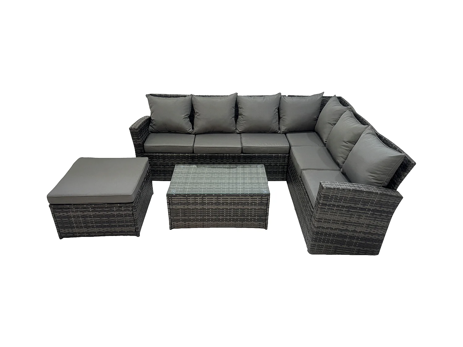 7 places Ensemble de meubles de jardin en polyrotin avec Canapé à haut dossier Table basse rectangulaire Grand tabouret Gris foncé mixte