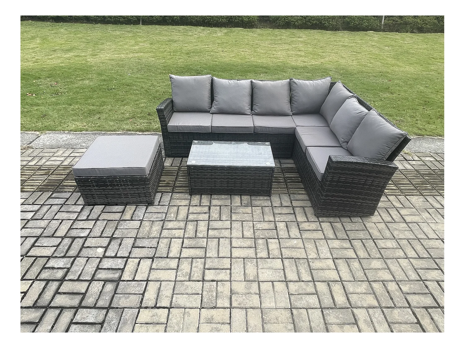 7 places Ensemble de meubles de jardin en polyrotin avec Canapé à haut dossier Table basse rectangulaire Grand tabouret Gris foncé mixte