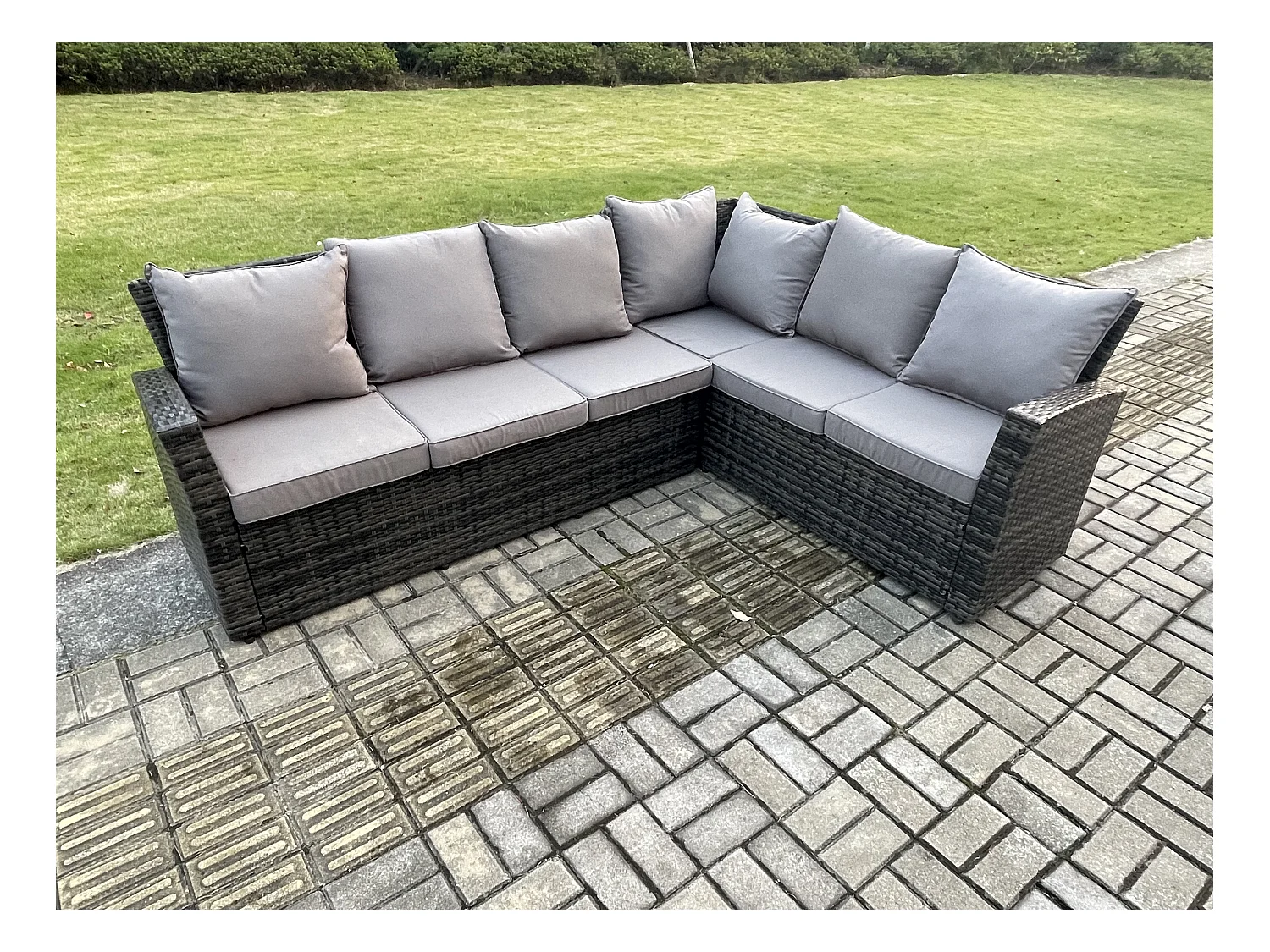 7 places Ensemble de meubles de jardin en polyrotin avec Canapé à haut dossier Table basse rectangulaire Grand tabouret Gris foncé mixte