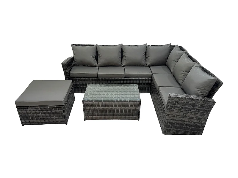 7-Sitzer Gartenmöbel-Set Rattan Ecksofa Set mit Rechteckiger Couchtisch 2 Großer Hockern Dunkelgrau Gemischt