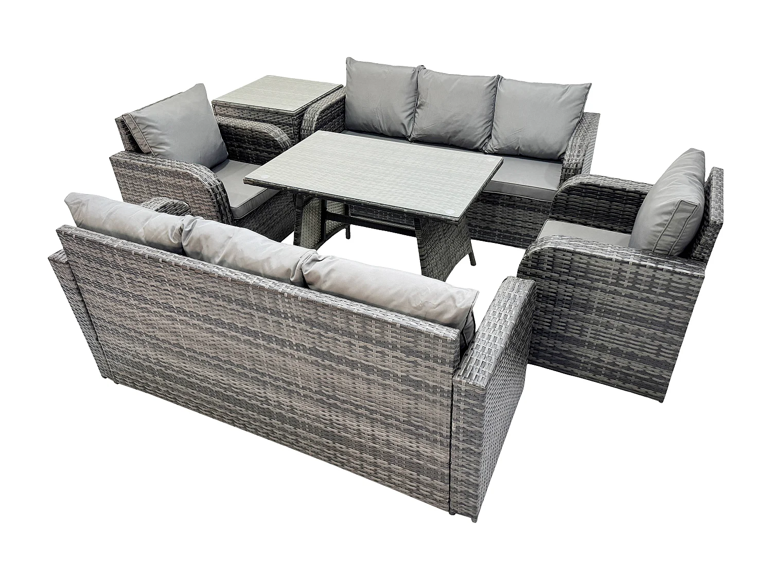 8 places Ensemble de canapés en rotin Table & Fauteuil avec Canapé 3 places Table à manger rectangulaire Table d'appoint Gris foncé mixte