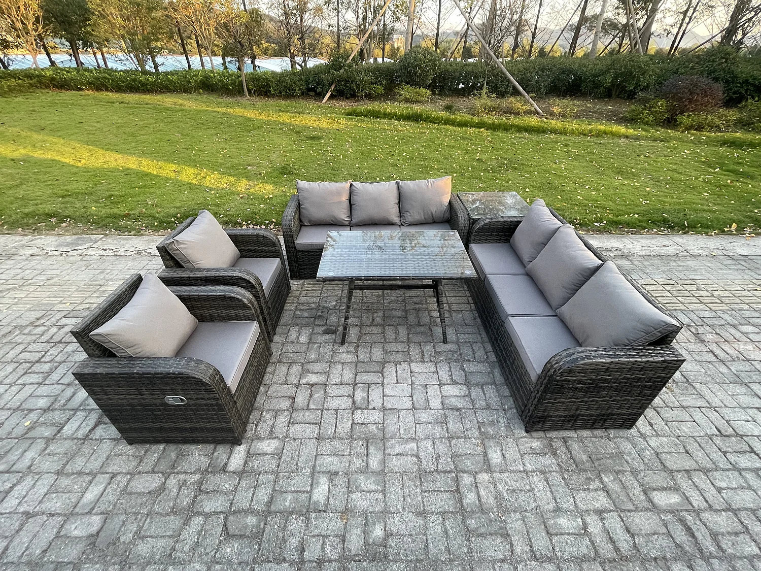 8 places Ensemble de canapés en rotin Table & Fauteuil avec Canapé 3 places Table à manger rectangulaire Table d'appoint Gris foncé mixte