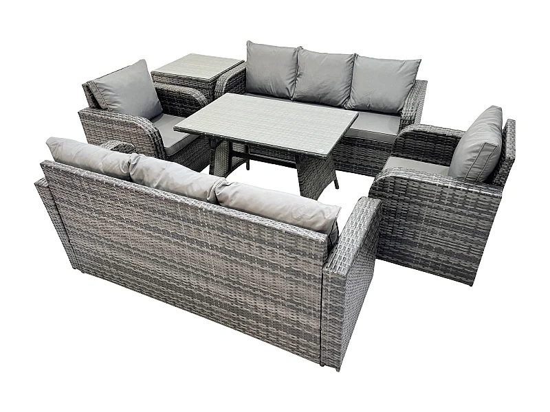 8 places Ensemble de canapés en rotin Table & Fauteuil avec Canapé 3 places Table à manger rectangulaire Table d'appoint Gris foncé mixte