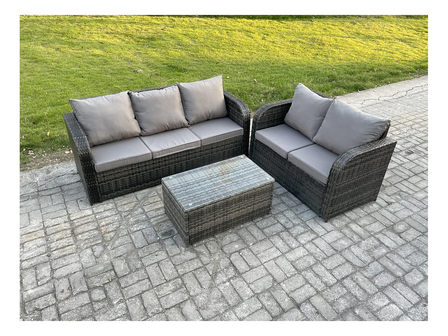 5-Sitzer Hoher Rücken Rattan Gartenmöbel Sets mit Rechteckiger Couchtisch 3-Sitzer Sofa Love Sofa