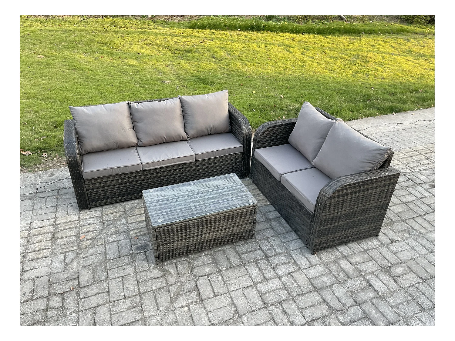 5-Sitzer Hoher Rücken Rattan Gartenmöbel Sets mit Rechteckiger Couchtisch 3-Sitzer Sofa Love Sofa