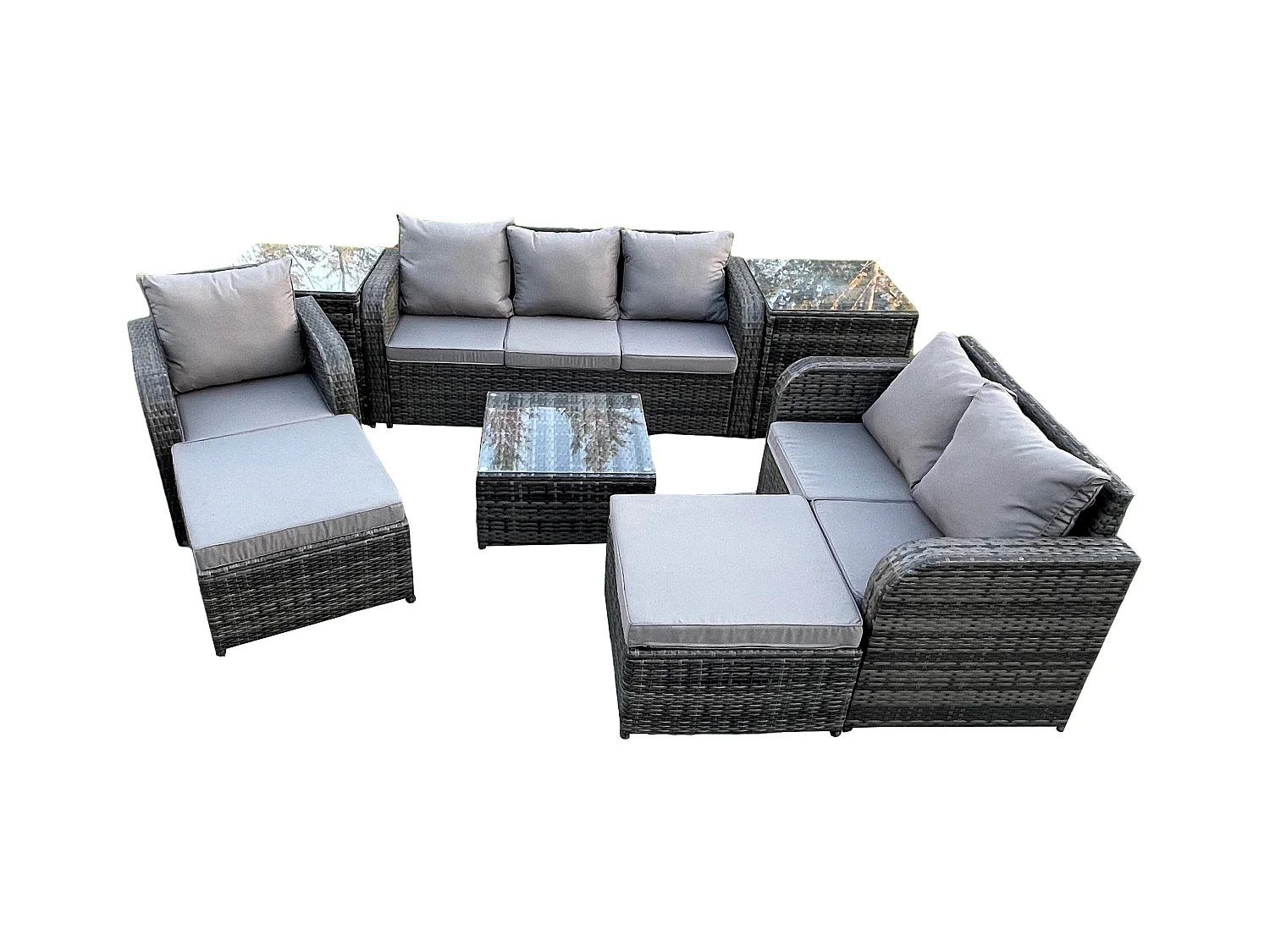 Rattan-Gartenmöbel 8-Sitzer Set Patio Tisch Sofa Stuhl Set mit Graue Kissen 2 Beistelltischen 2 hohen Hockern