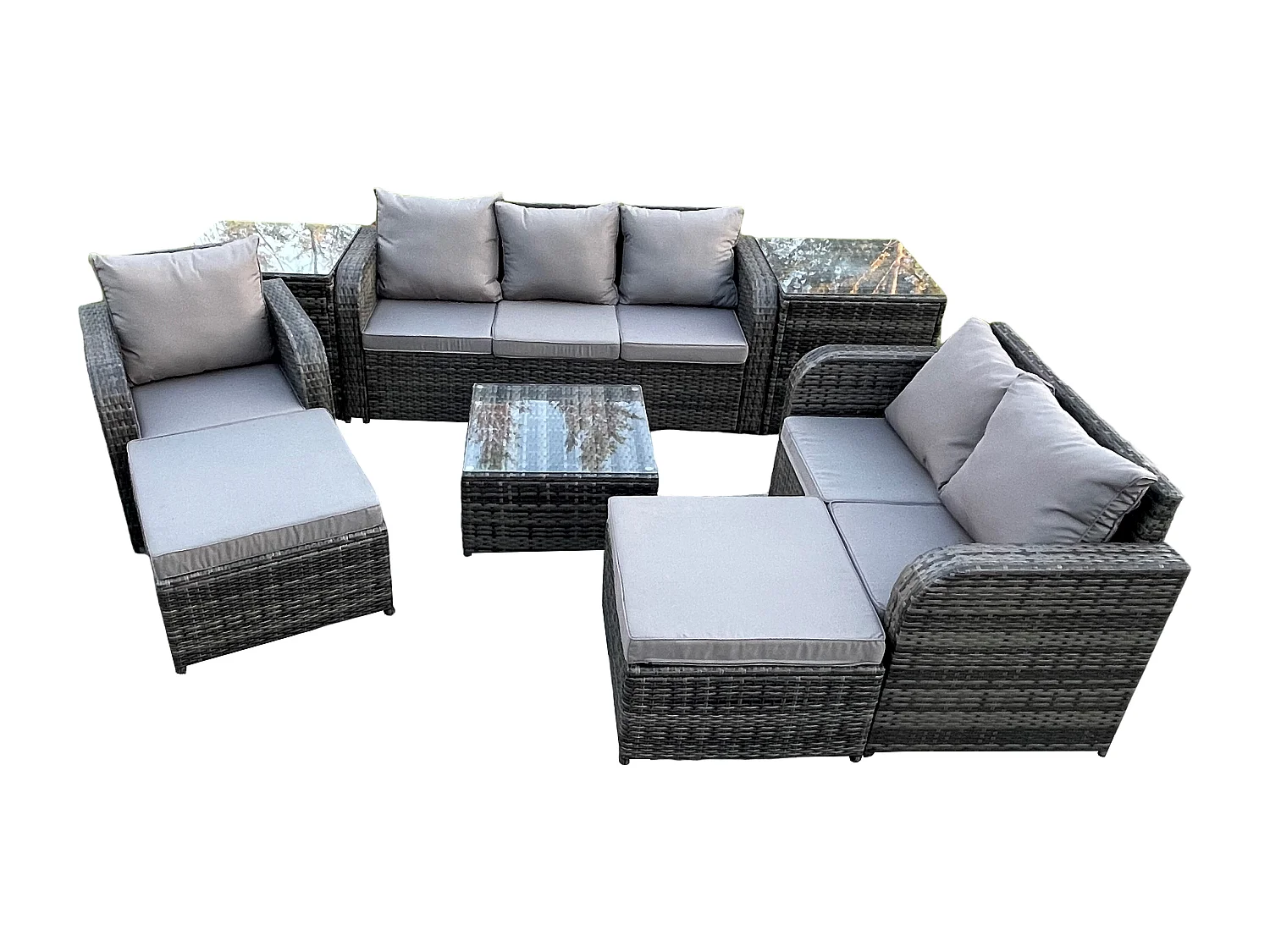 Rattan-Gartenmöbel 8-Sitzer Set Patio Tisch Sofa Stuhl Set mit Graue Kissen 2 Beistelltischen 2 hohen Hockern