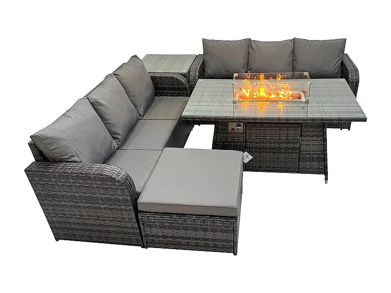 Ensemble Salon de Jardin Extérieur en polyrotin Table de foyer à gaz et Canapé avec Table d'appoint Grand tabouret