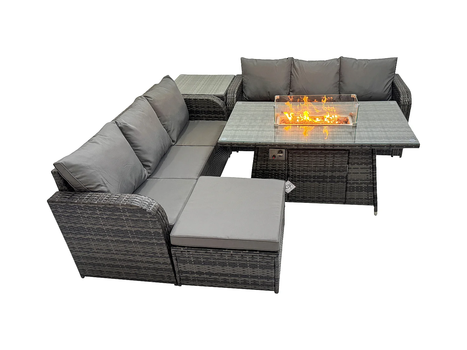 Ensemble Salon de Jardin Extérieur en polyrotin Table de foyer à gaz et Canapé avec Table d'appoint Grand tabouret