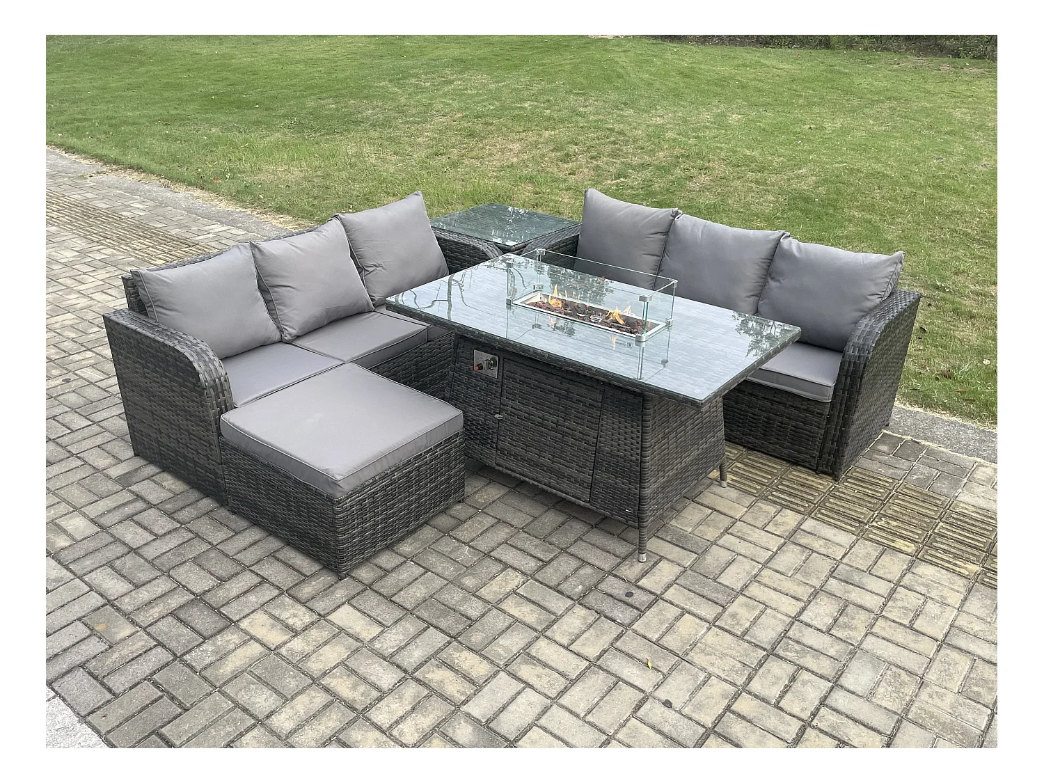 Ensemble Salon de Jardin Extérieur en polyrotin Table de foyer à gaz et Canapé avec Table d'appoint Grand tabouret