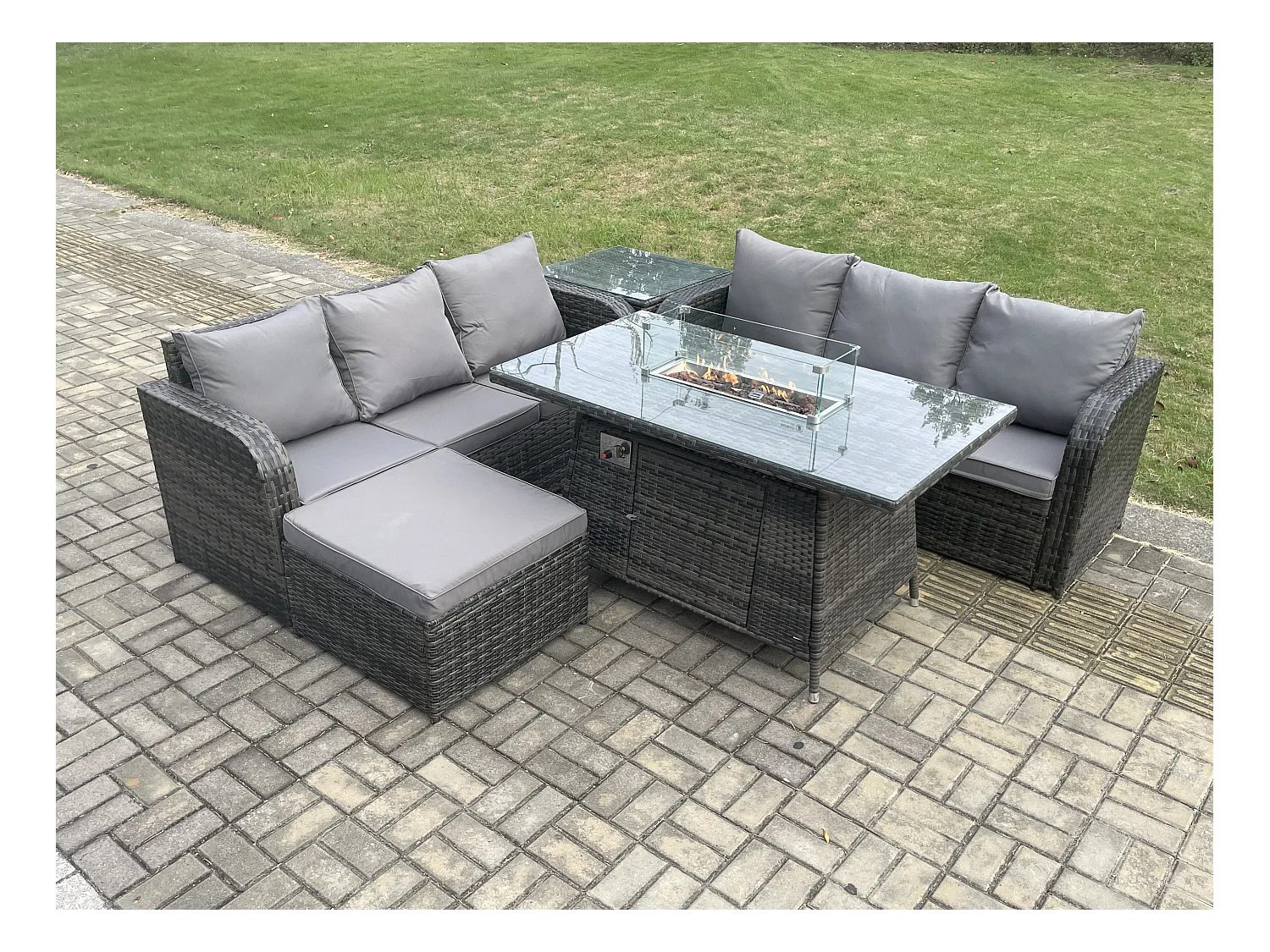 Ensemble Salon de Jardin Extérieur en polyrotin Table de foyer à gaz et Canapé avec Table d'appoint Grand tabouret