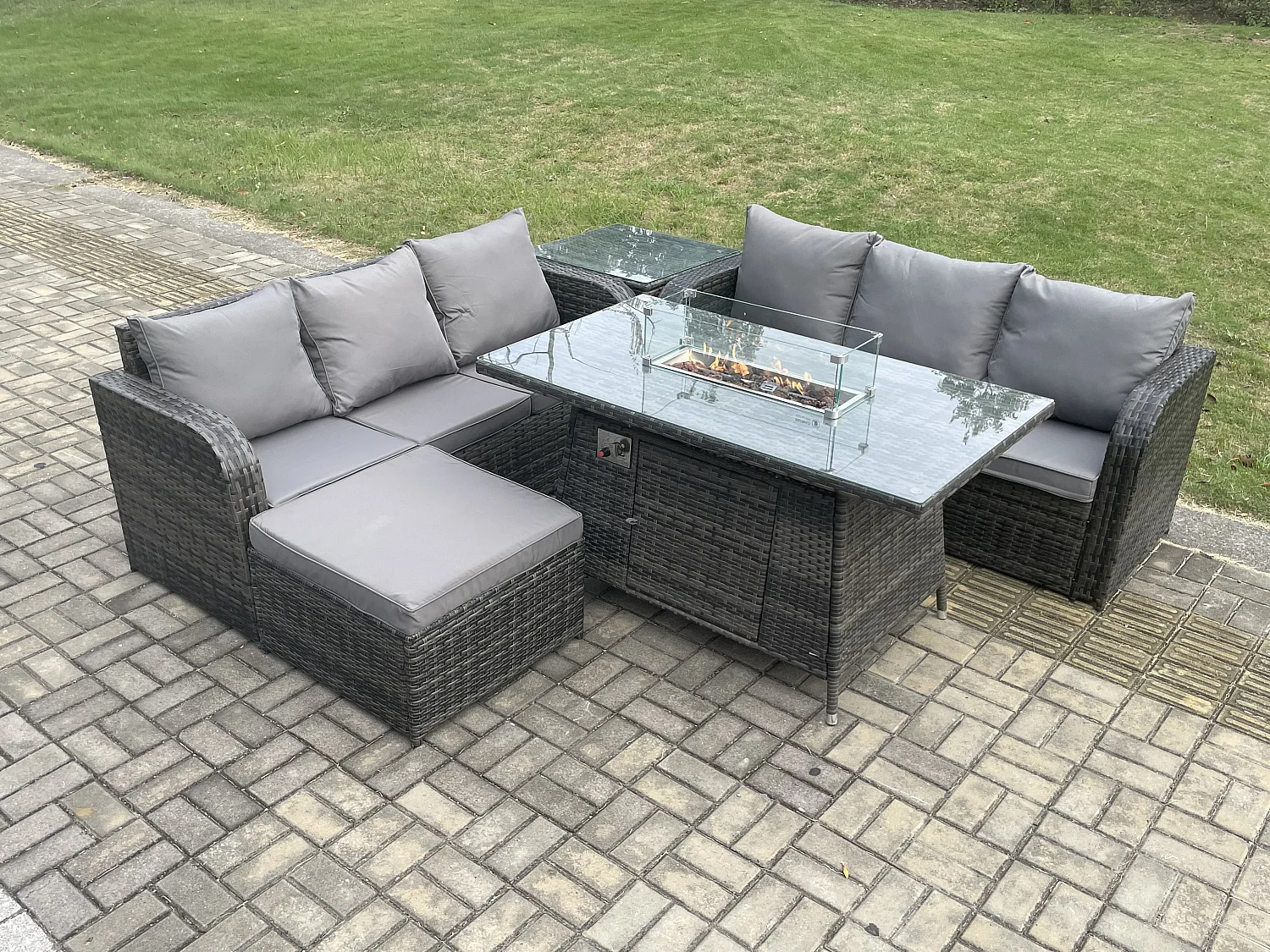 Ensemble Salon de Jardin Extérieur en polyrotin Table de foyer à gaz et Canapé avec Table d'appoint Grand tabouret