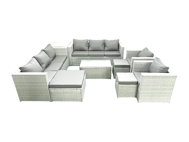 Salon de Jardin en rotin avec 2 Fauteuil Table basse oblongue 3 Tabourets Table d'appoint Gris clair mixte