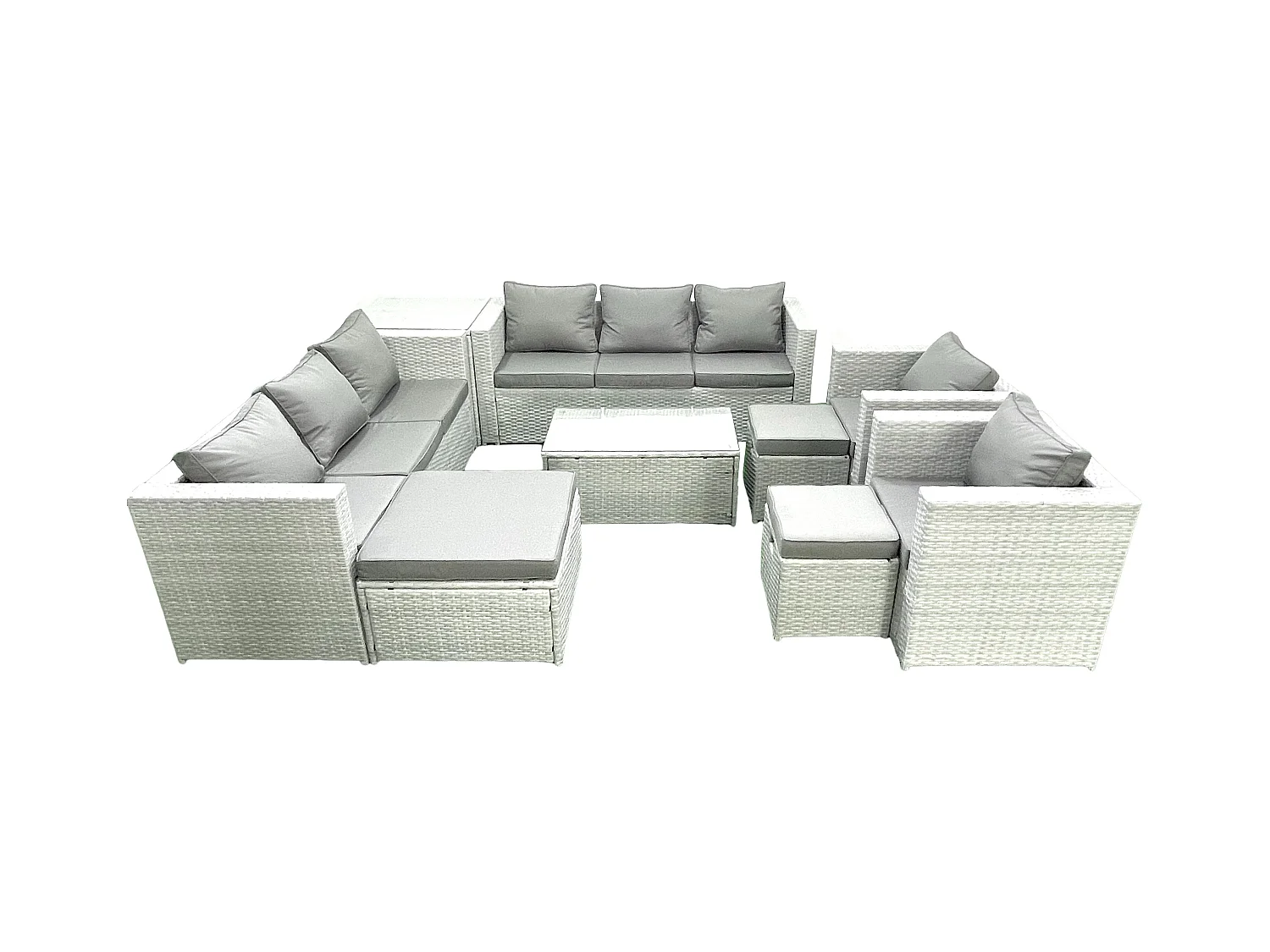 Salon de Jardin en rotin avec 2 Fauteuil Table basse oblongue 3 Tabourets Table d'appoint Gris clair mixte