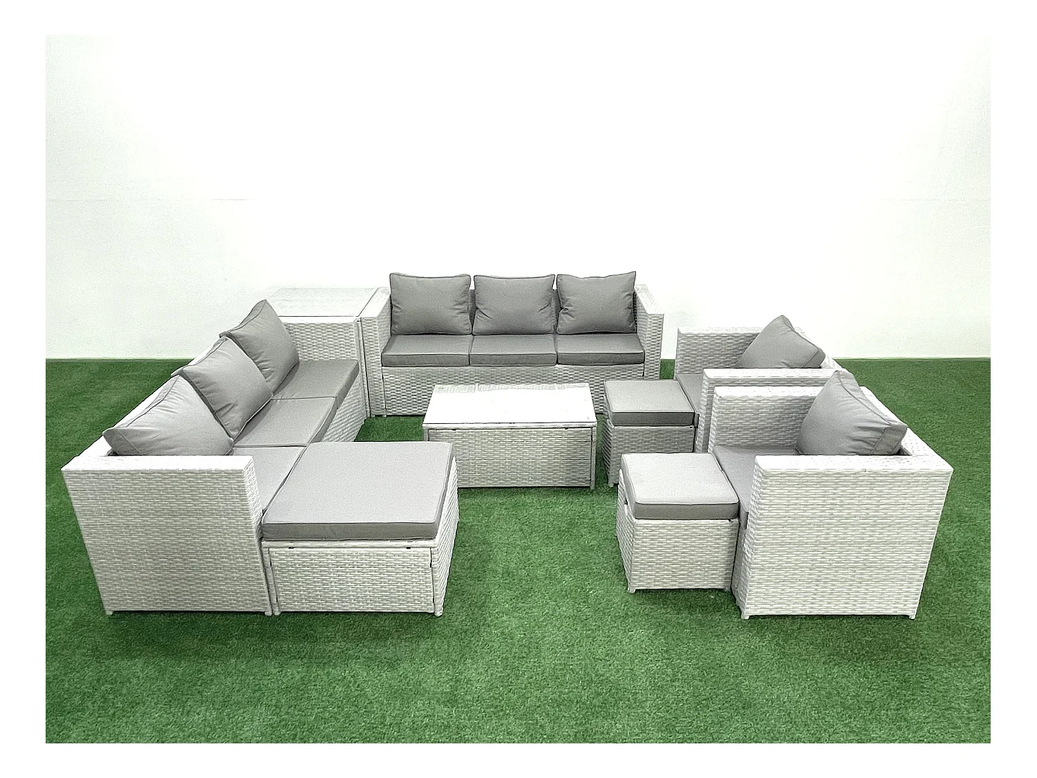 Salon de Jardin en rotin avec 2 Fauteuil Table basse oblongue 3 Tabourets Table d'appoint Gris clair mixte