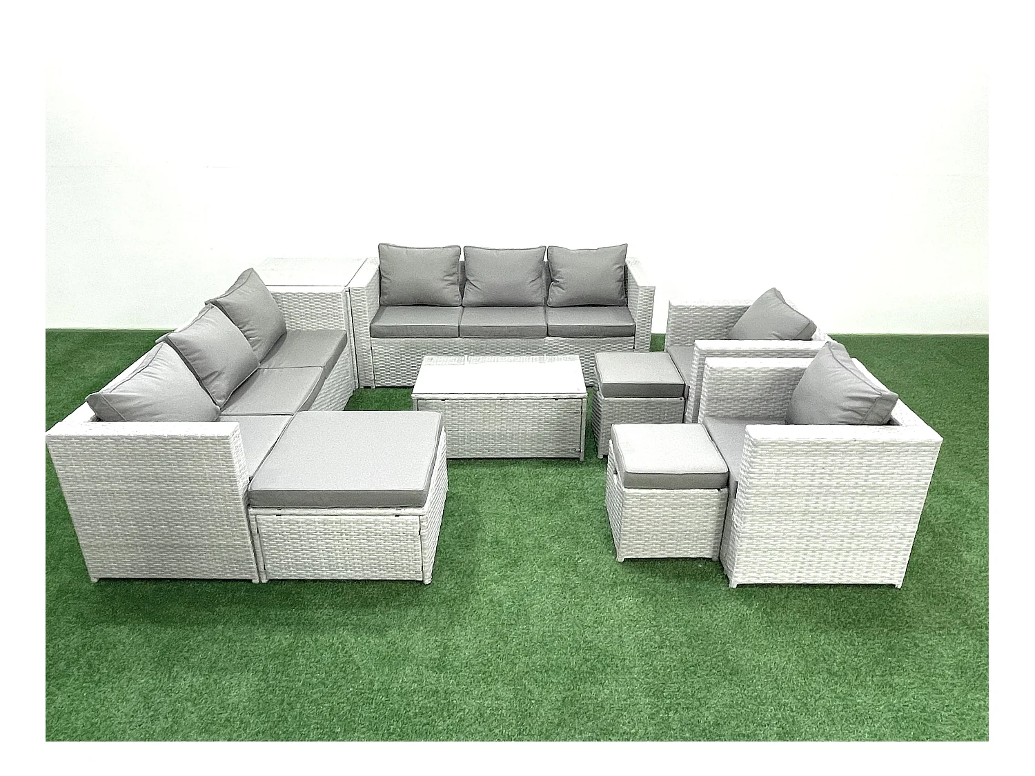 Salon de Jardin en rotin avec 2 Fauteuil Table basse oblongue 3 Tabourets Table d'appoint Gris clair mixte