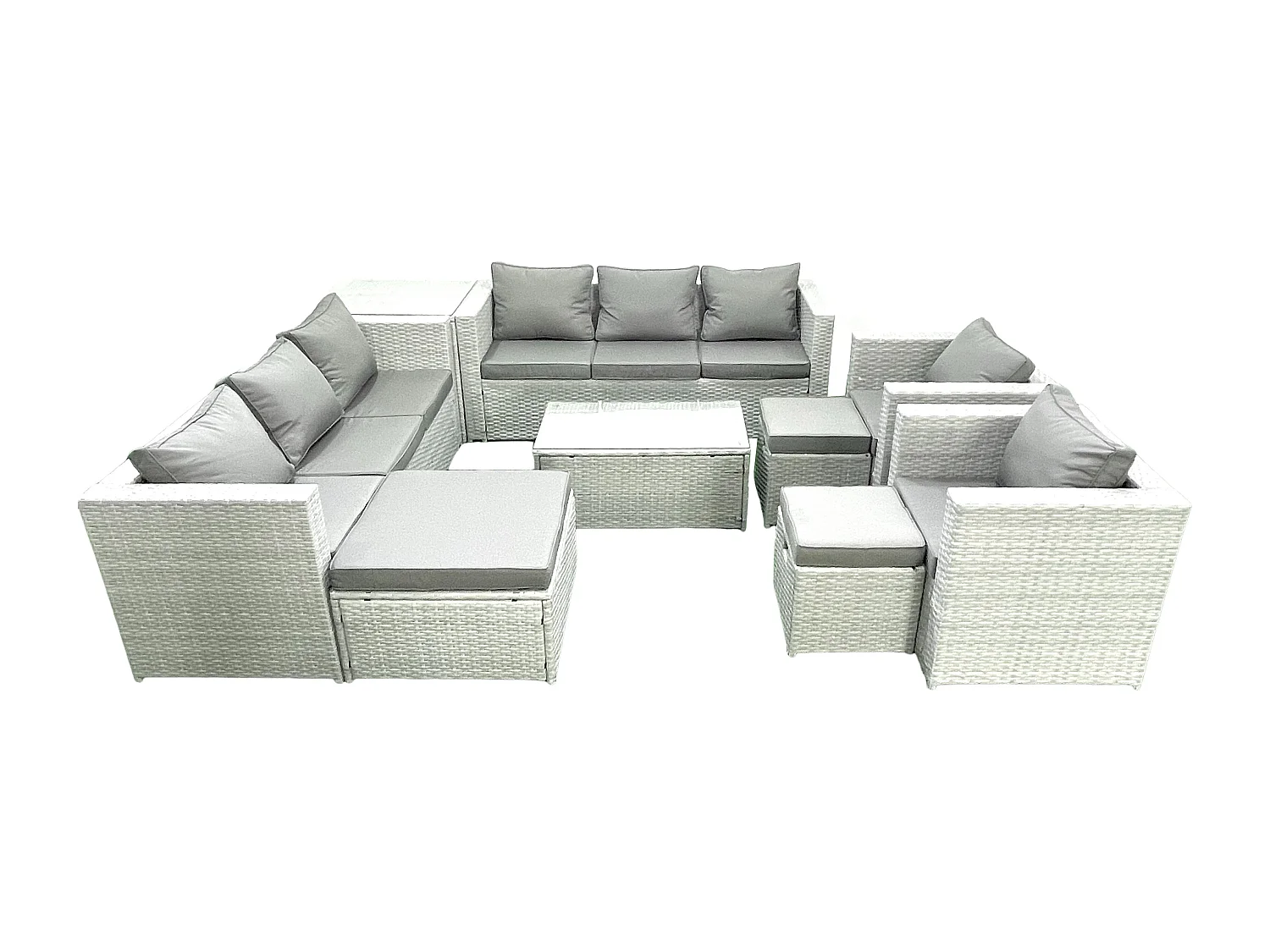 Salon de Jardin en rotin avec 2 Fauteuil Table basse oblongue 3 Tabourets Table d'appoint Gris clair mixte