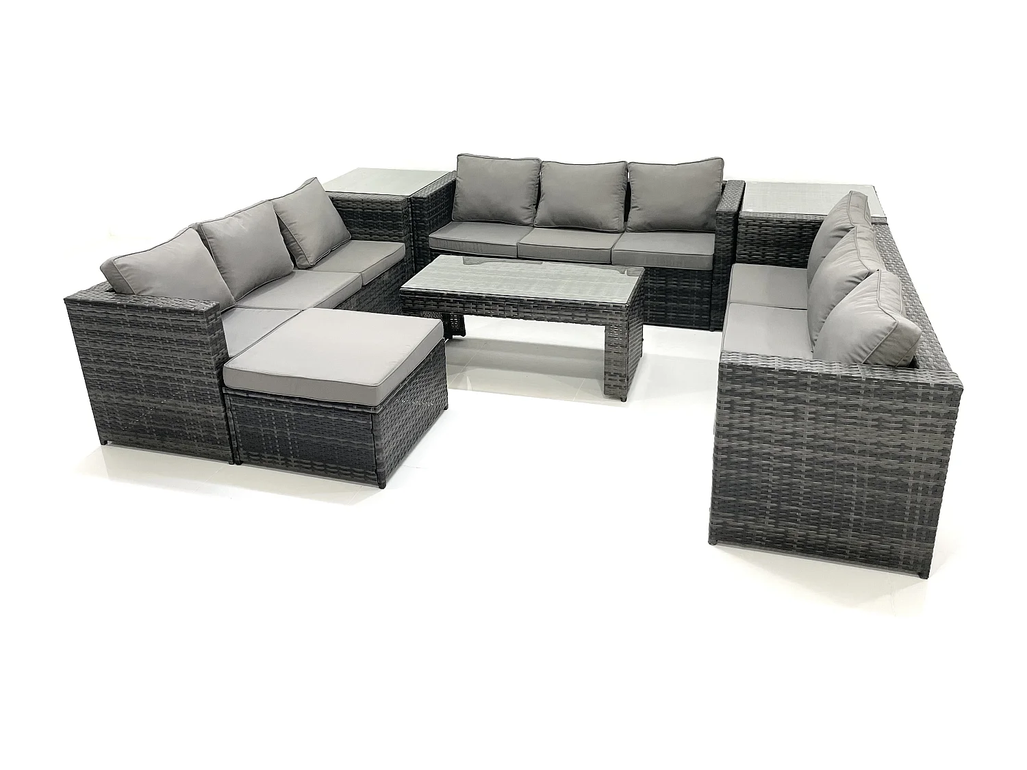 Gartenmöbel-Set 10-Sitzer Polyrattan Sofa Set mit Couchtisch 2 Großer Hockern 2 Beistelltischen Dunkelgrau Gemischt