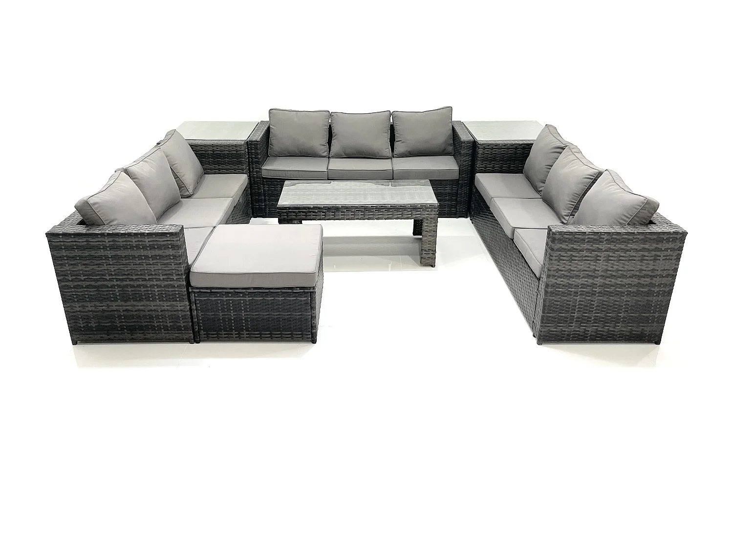 Gartenmöbel-Set 10-Sitzer Polyrattan Sofa Set mit Couchtisch 2 Großer Hockern 2 Beistelltischen Dunkelgrau Gemischt