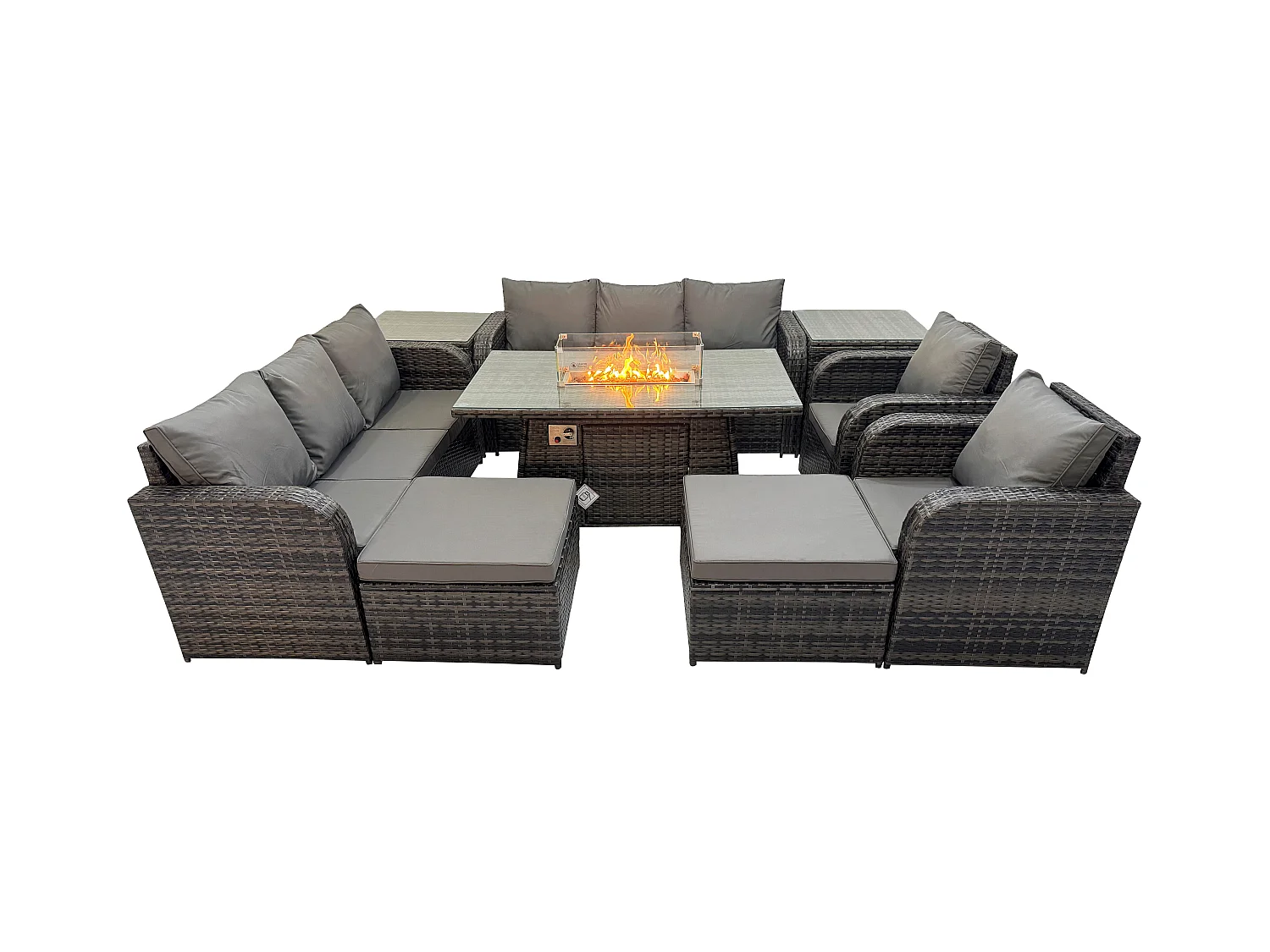 Rattan Gartenmöbel Set im Balkon Gas Feuerstelle Tisch Liegestühle 3-Sitzer Sofa Sets mit Beistelltisch 10-Sitzer