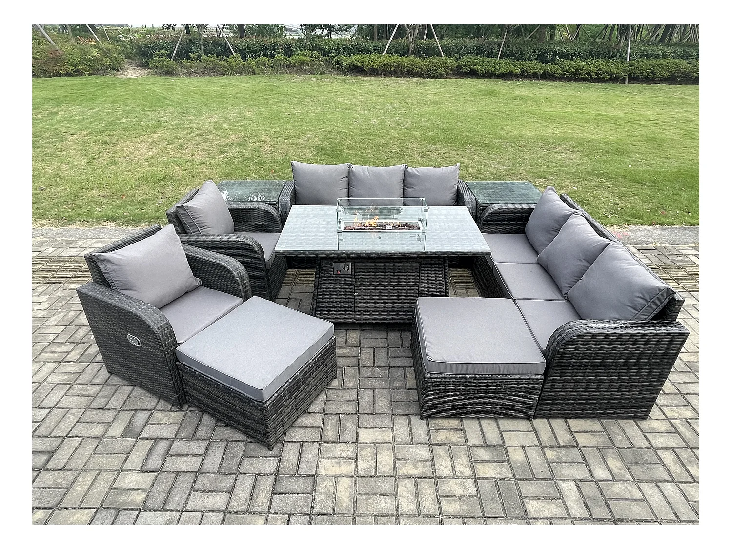 Rattan Gartenmöbel Set im Balkon Gas Feuerstelle Tisch Liegestühle 3-Sitzer Sofa Sets mit Beistelltisch 10-Sitzer