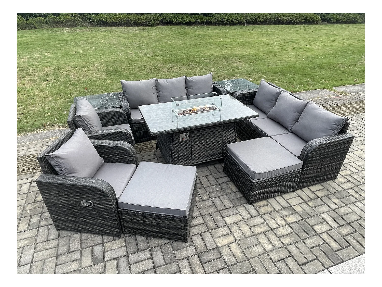 Rattan Gartenmöbel Set im Balkon Gas Feuerstelle Tisch Liegestühle 3-Sitzer Sofa Sets mit Beistelltisch 10-Sitzer