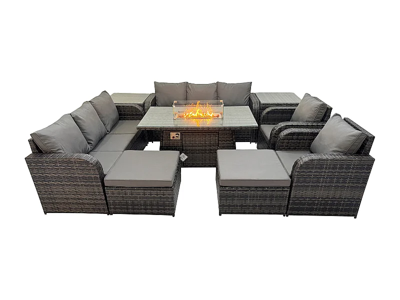 Rattan Gartenmöbel Set im Balkon Gas Feuerstelle Tisch Liegestühle 3-Sitzer Sofa Sets mit Beistelltisch 10-Sitzer