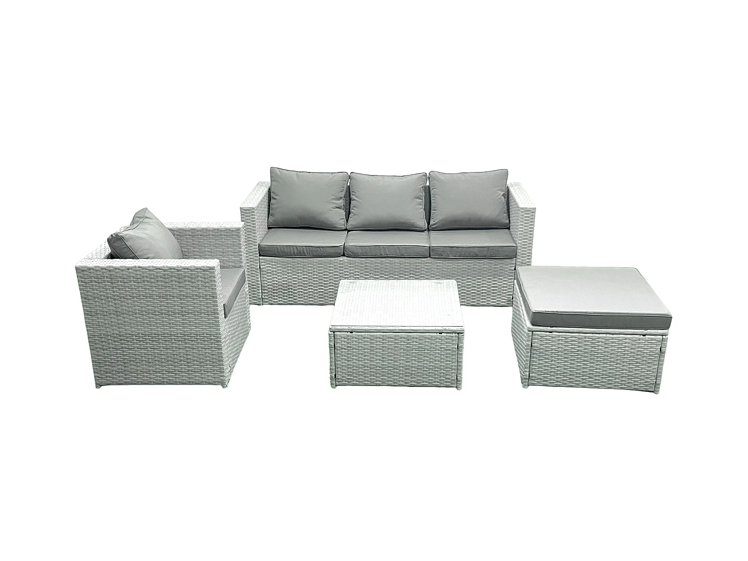 5-Sitzer Polyrattan Gartenmöbel Set mit 3-Sitzer Sofa Sessel Quadratischer Couchtisch 2 Großer Hockern Hellgrau gemischt