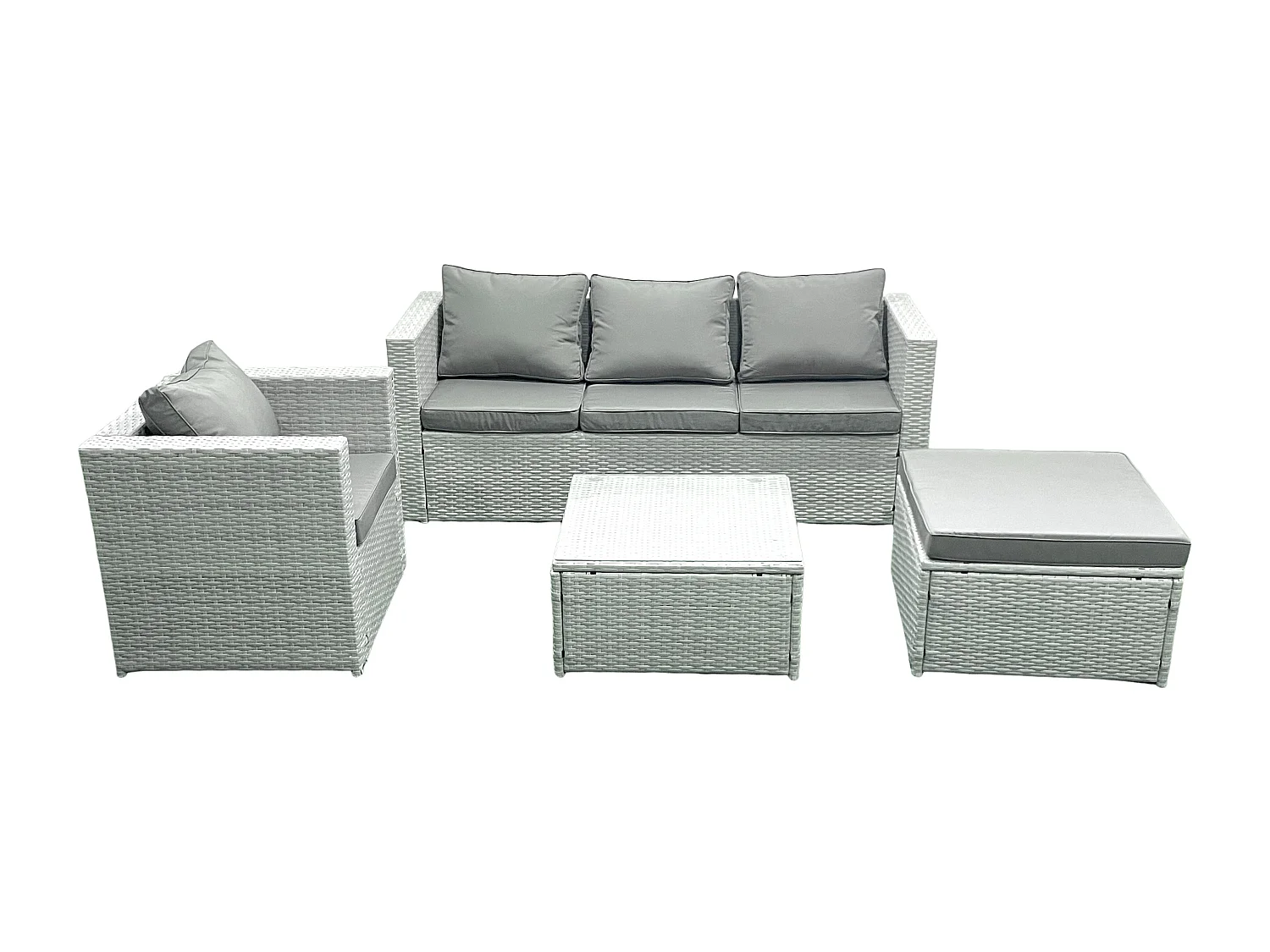 5-Sitzer Polyrattan Gartenmöbel Set mit 3-Sitzer Sofa Sessel Quadratischer Couchtisch 2 Großer Hockern Hellgrau gemischt