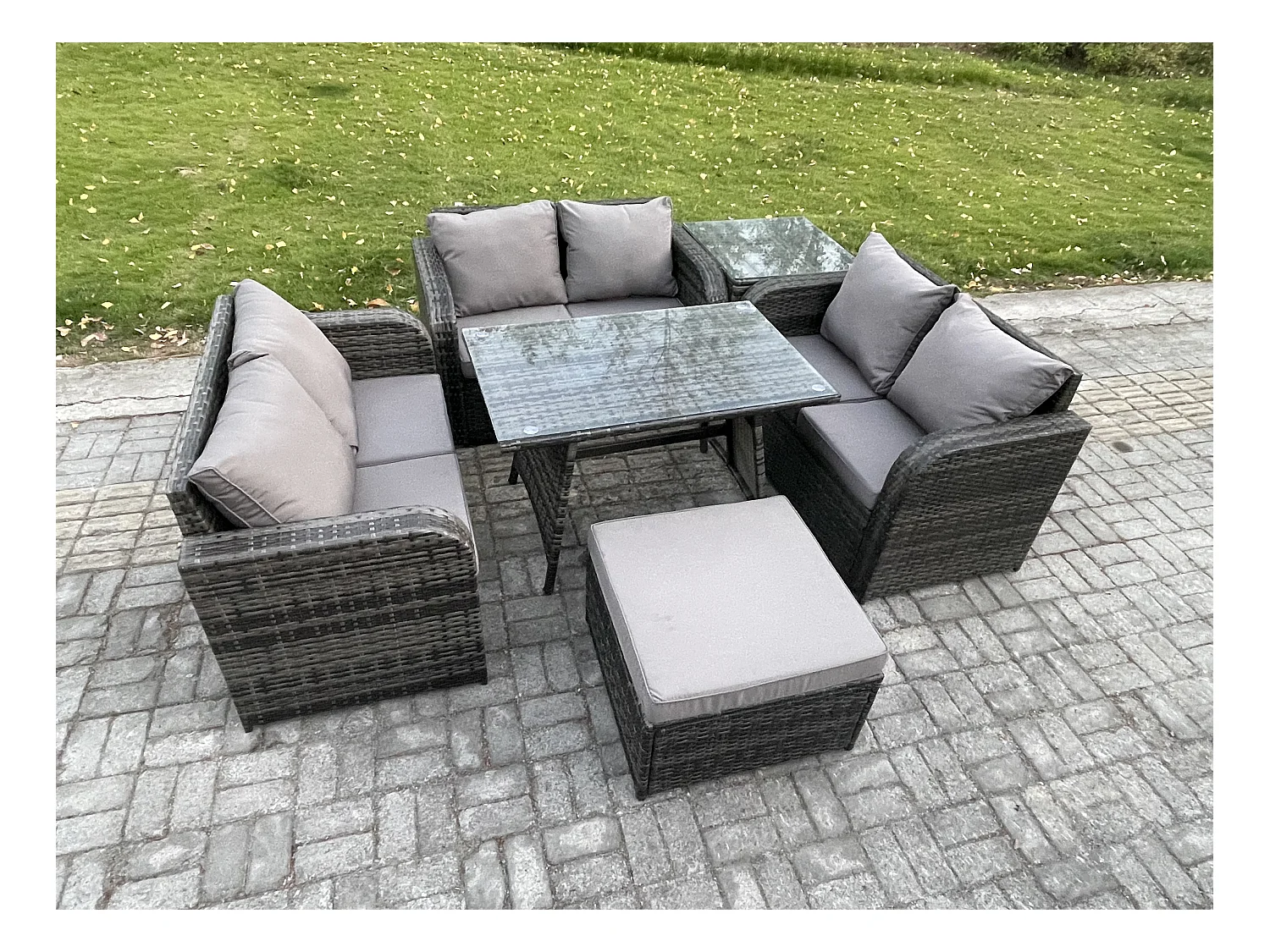 Polyrattan Gartenmöbel Set 7-Sitzer Gartensofa Set mit Rechteckiger Esstisch 2 Großer Hockern Beistelltisch Dunkelgrau Gemischt