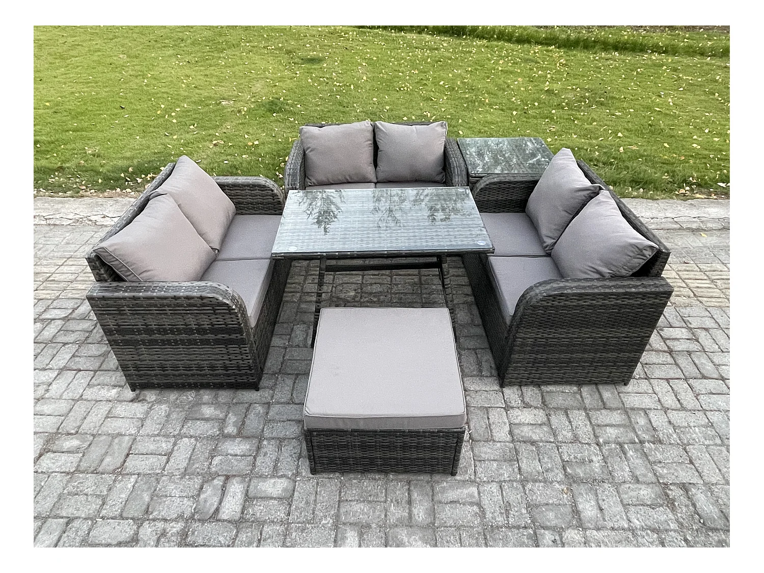 Polyrattan Gartenmöbel Set 7-Sitzer Gartensofa Set mit Rechteckiger Esstisch 2 Großer Hockern Beistelltisch Dunkelgrau Gemischt