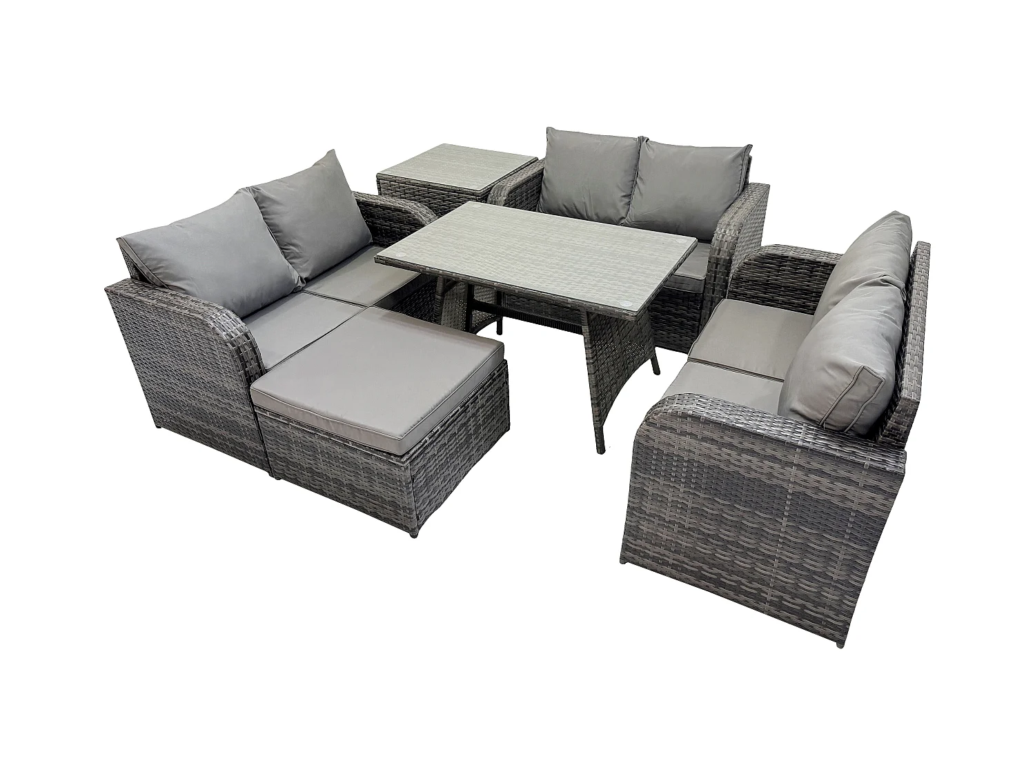 Salon de jardin 7 places avec Canapé d'amour Table à manger rectangulaire Grand tabouret Table d'appoint Gris foncé mixte