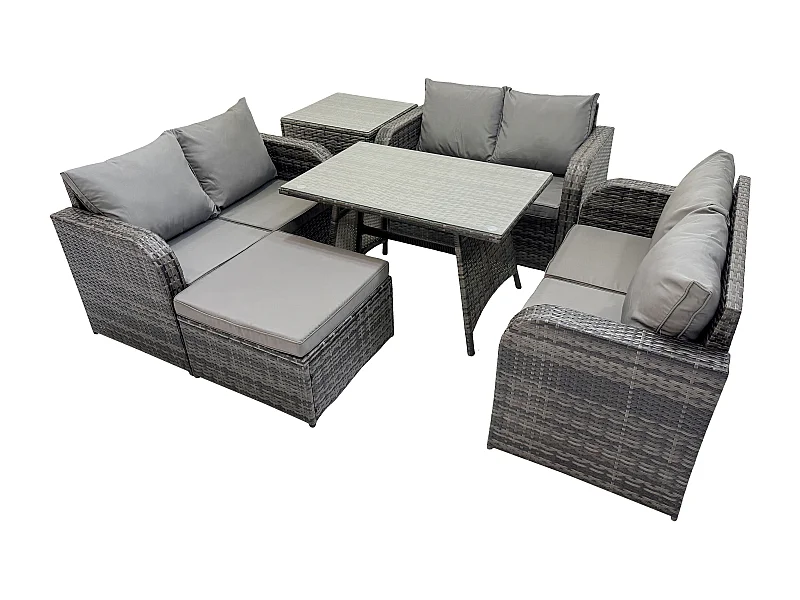 Salon de jardin 7 places avec Canapé d'amour Table à manger rectangulaire Grand tabouret Table d'appoint Gris foncé mixte