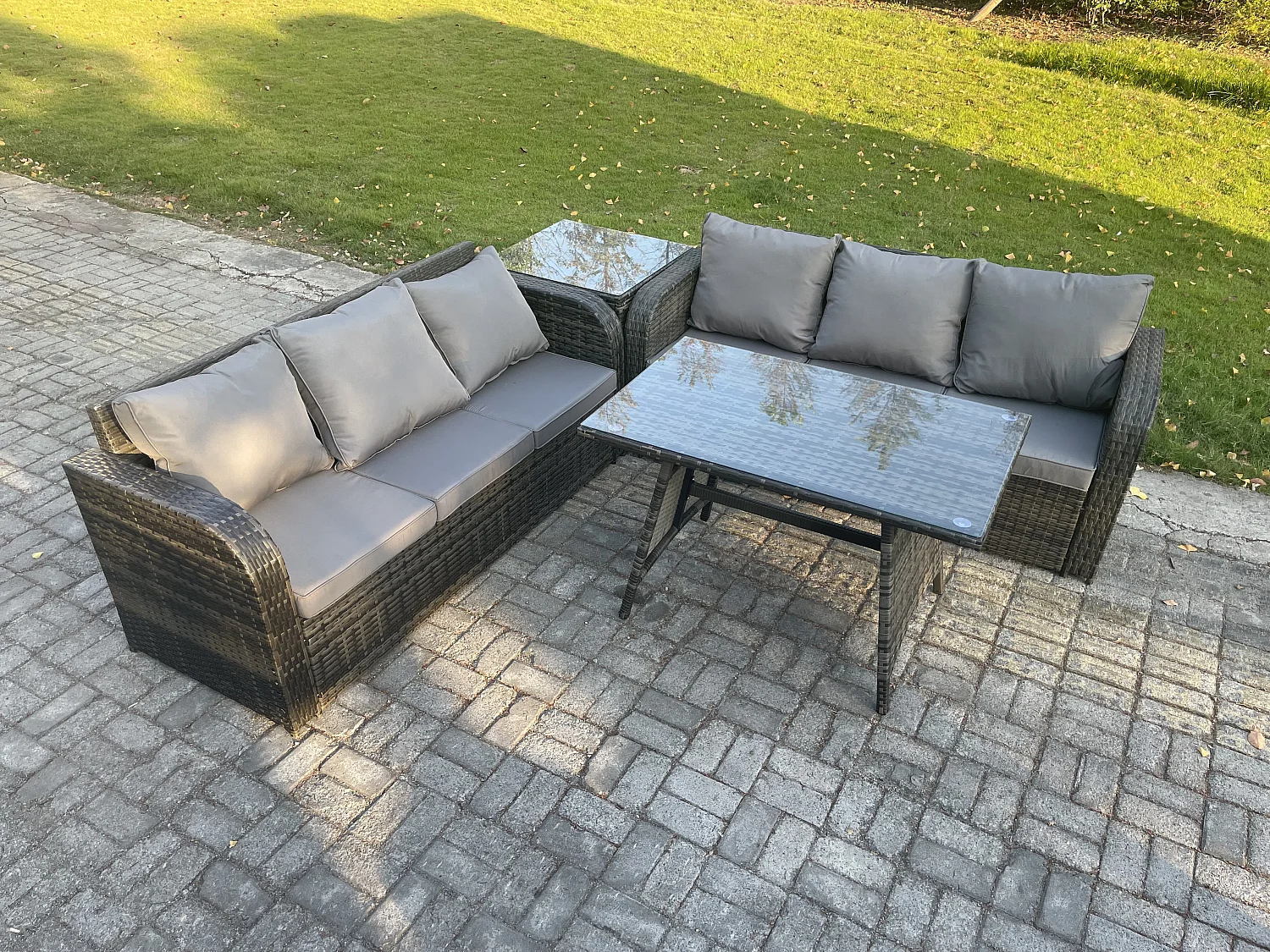 Gartenmöbel Sofa Set Rechteckiger Esstisch 6-Sitzer Rattansofa-Set Dunkelgrau Gemischt